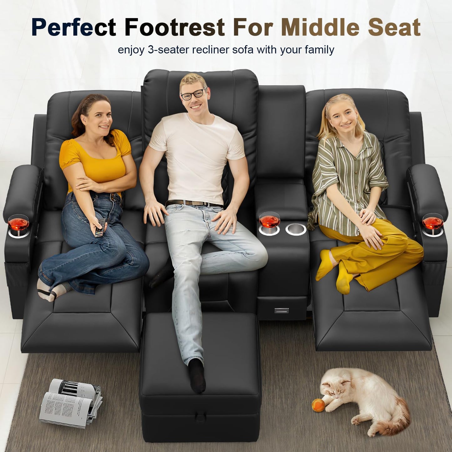 YONISEE 3 Seat Recliner Sofa, Large Reclining Sofa with Storage Console, Manual Reclining Chair with USB Ports, 2 Cell Phone Holder, 3 Seater Loveseat Recliner Couch for Living Room