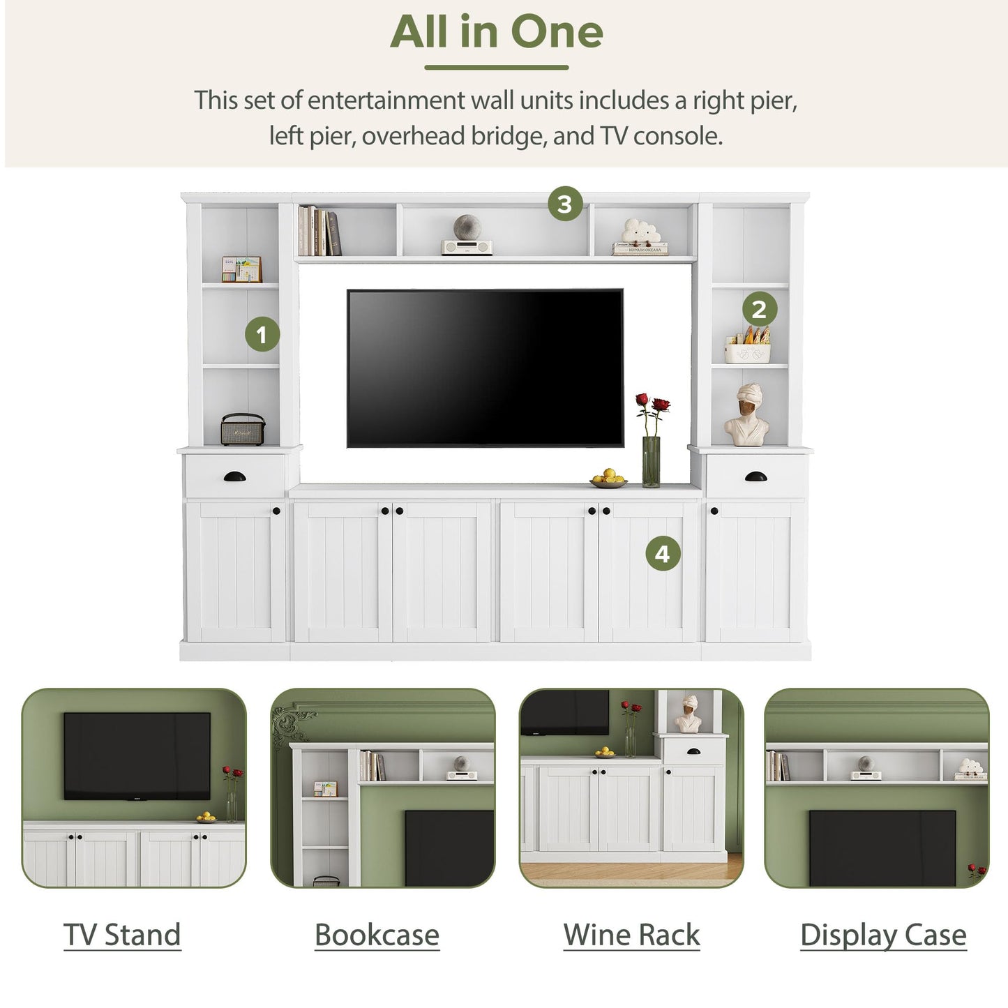 103" Minimalist Entertainment Center Wall Unit Set with Bridge for TVs Up to 75'',Ample Storage Space TV Stand W/Adjustable Shelves,Modernist Large Media Console for Living Room,White