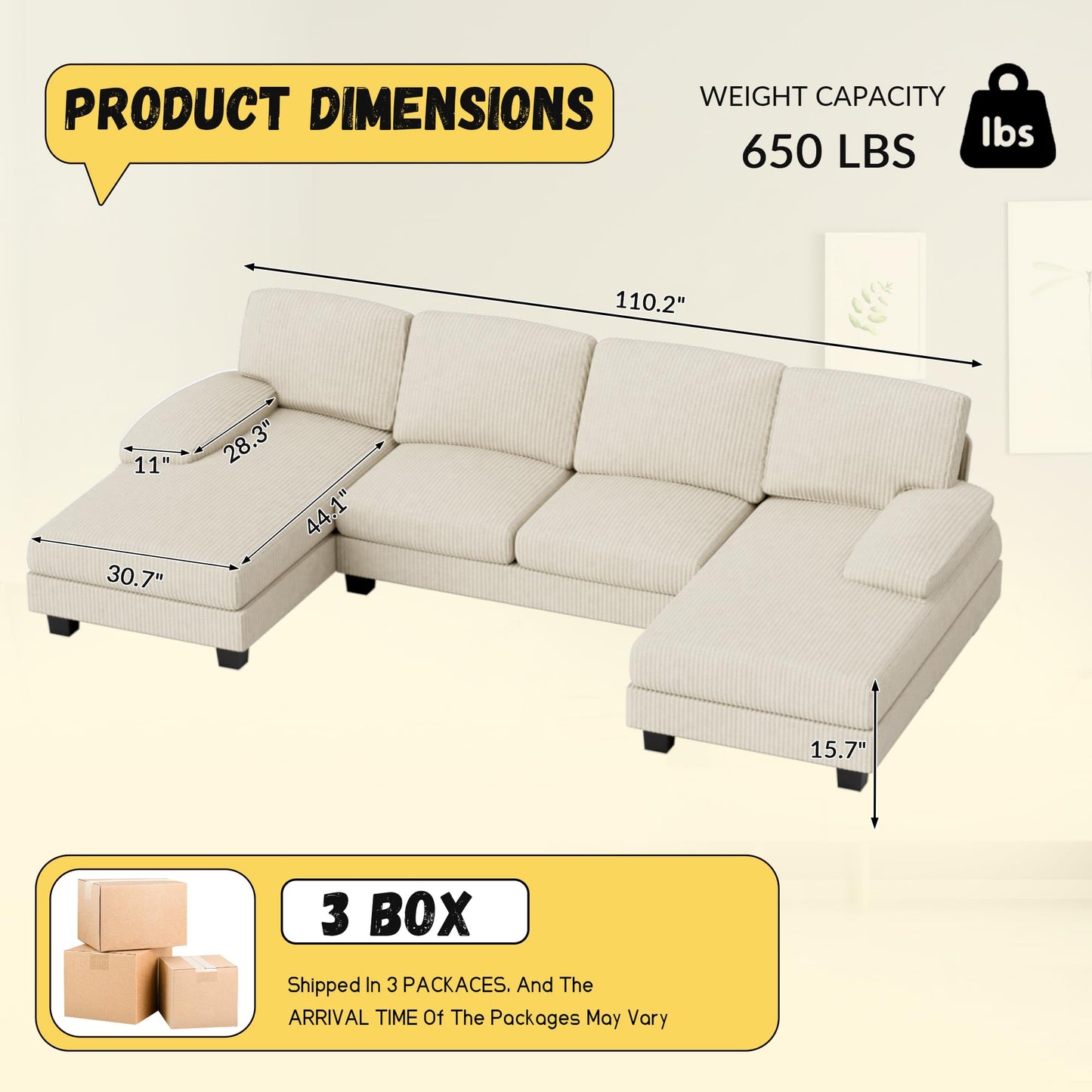 JUMMICO Sectional Couches for Living Room, U Shaped Couch with Chenille Fabric, 4 Seat Modern Sofa with Removable Pillows for Apartment and Small Space (Corduroy, Beige)