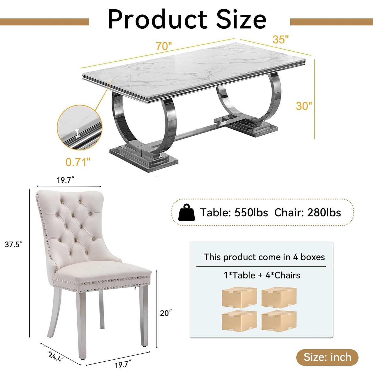 HomVent 70" Faux Marble Dining Table Set for 6, Rectangular Marble Top Kitchen Table Set, Kitchen & Dining Room Sets, Dining Table and Dining Chair