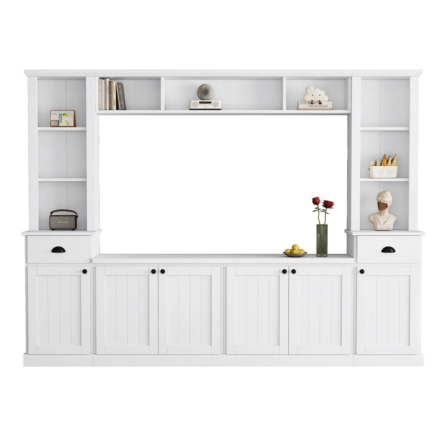 103" Minimalist Entertainment Center Wall Unit Set with Bridge for TVs Up to 75'',Ample Storage Space TV Stand W/Adjustable Shelves,Modernist Large Media Console for Living Room,White