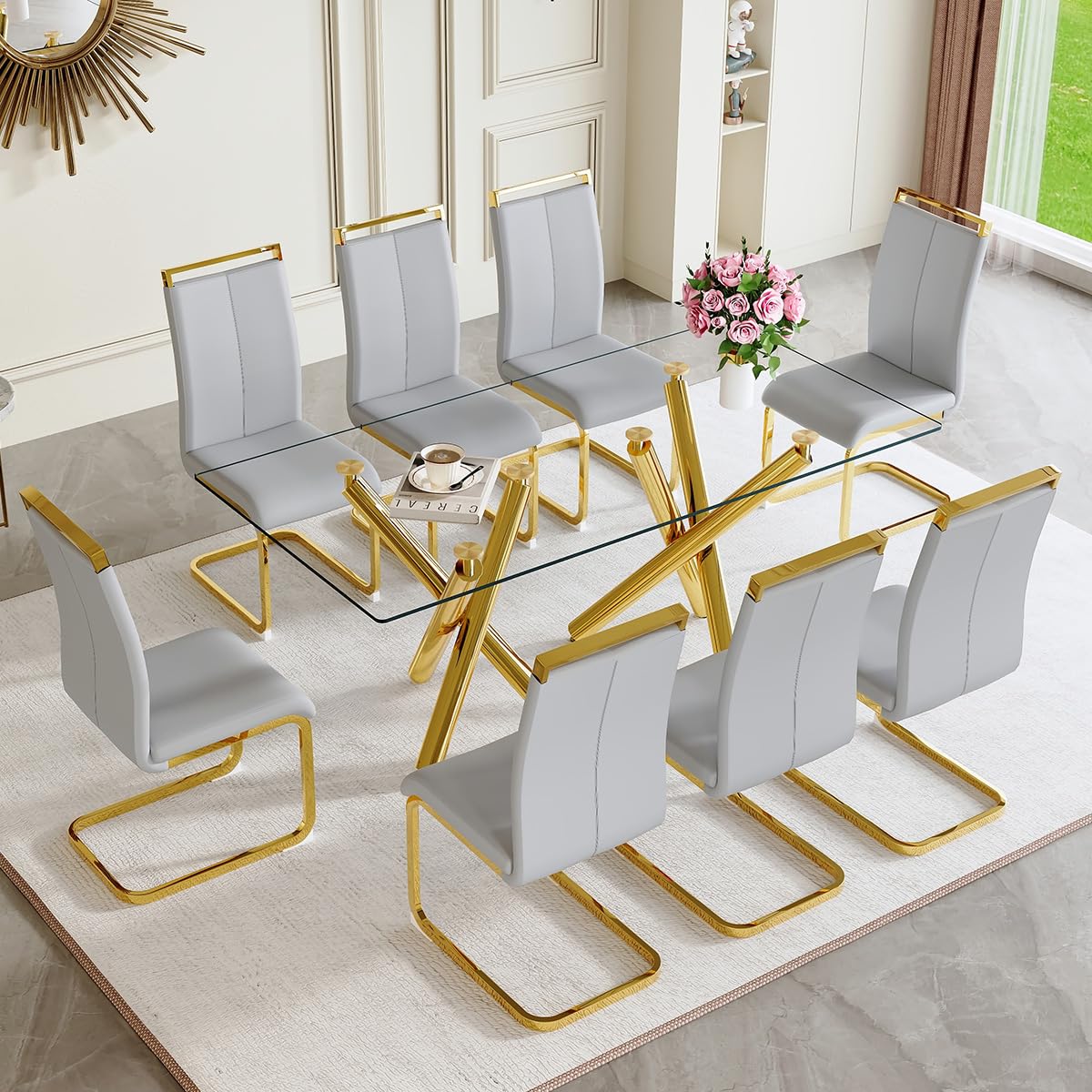 AZmac Modern Dining Table Set for 8 with Gold Metal Frame, 9-Piece Glass Dining Table with PU High Back Chairs for Kitchen Dining Room, Glass Table and 8 White Chairs