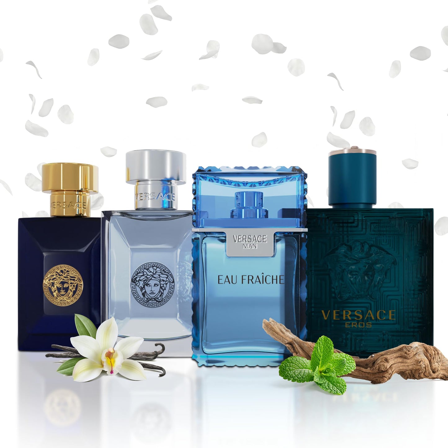Set de 4 mini perfumes Versace para hombre: Eros, Pour Homme, Dylan Blue, Eau Fraiche. Muestras de perfumes para hombre (4 unidades, 0.17 oz). 