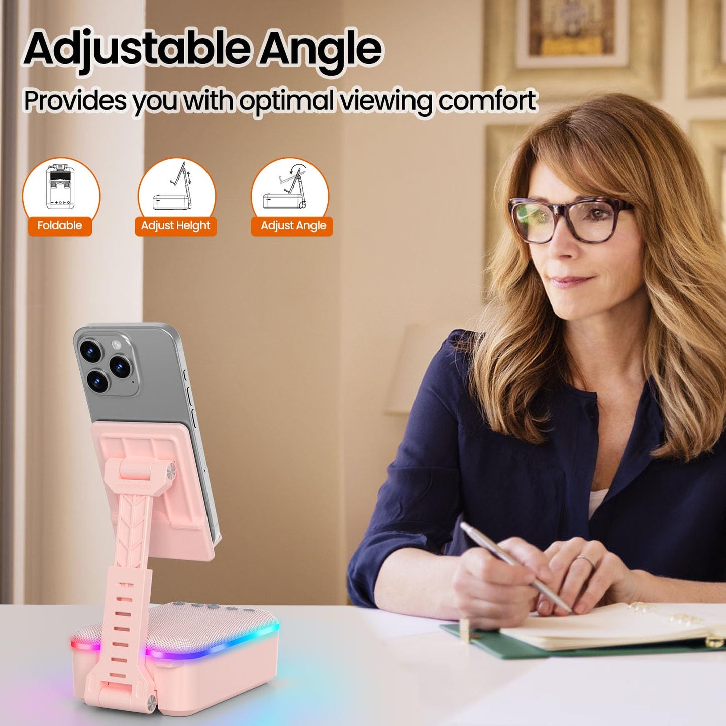 JTEMAN Gifts for Men Women,Cell Phone Stand with Bluetooth Speaker and LED Light,Cool Tech Gadgets,Unique Birthday Gifts for Men Husband Mom Dad-Pink