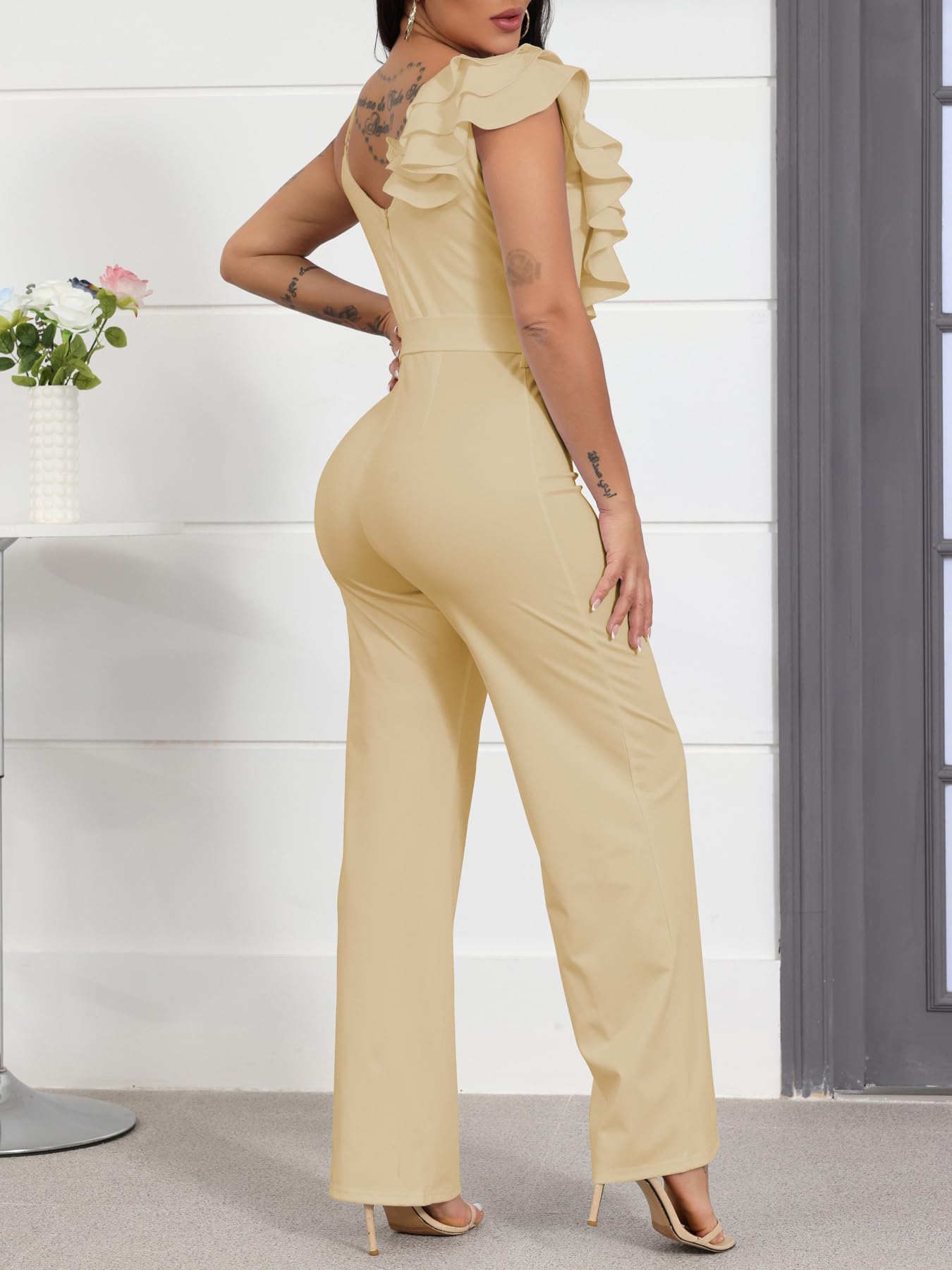 HBQ Womens Casual One Piece Jumpsuits V-Neck Sleeveless Ruffle Elegant Romper Wide Leg Pant Sexy Party Clubwear Overalls