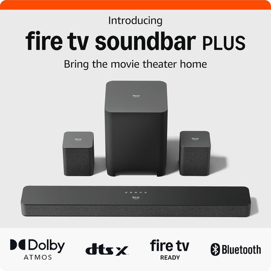 Amazon Fire TV Soundbar Plus with subwoofer and surround sound speakers (newest model), 5.1 channel, Dolby Atmos, clear dialogue