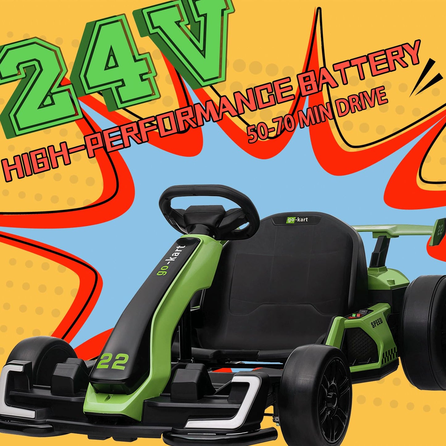 KerryYoo K61 Go Kart Electric Drift Kart with Length Adjustable Seat, 24V Outdoor Ride on Toy with 4 Speed Mode, Crazy Cart for Kids 6-12 Years Old, Fast 300W Motor, 8.5 MPH, Bluetooth - Blue