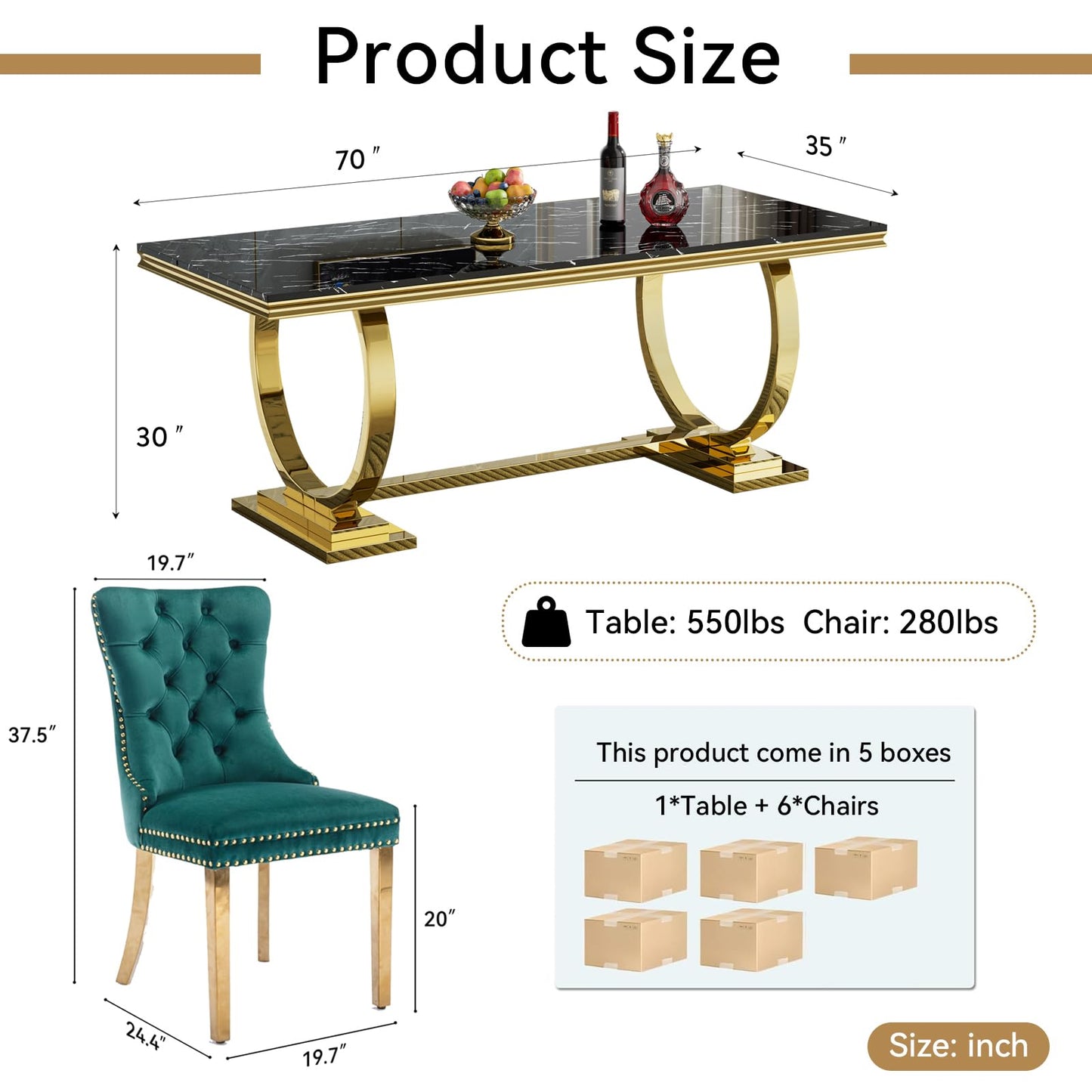 HomVent 70" Faux Marble Dining Table Set for 6, Rectangular Marble Top Kitchen Table Set, Kitchen & Dining Room Sets, Dining Table and Dining Chair