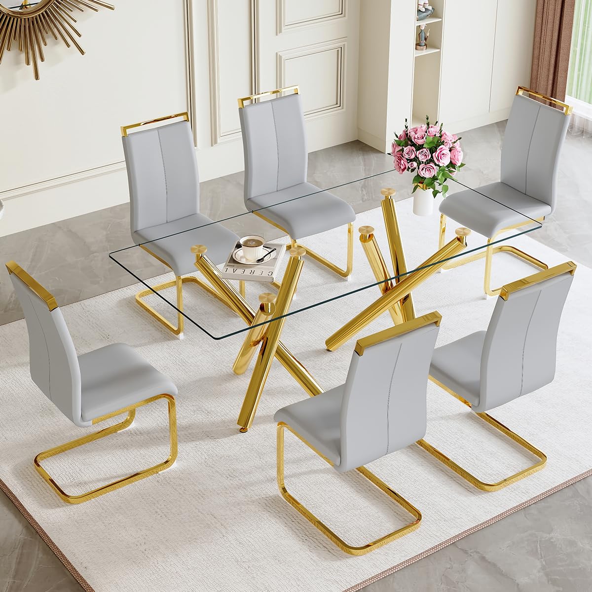 AZmac Modern Dining Table Set for 8 with Gold Metal Frame, 9-Piece Glass Dining Table with PU High Back Chairs for Kitchen Dining Room, Glass Table and 8 White Chairs