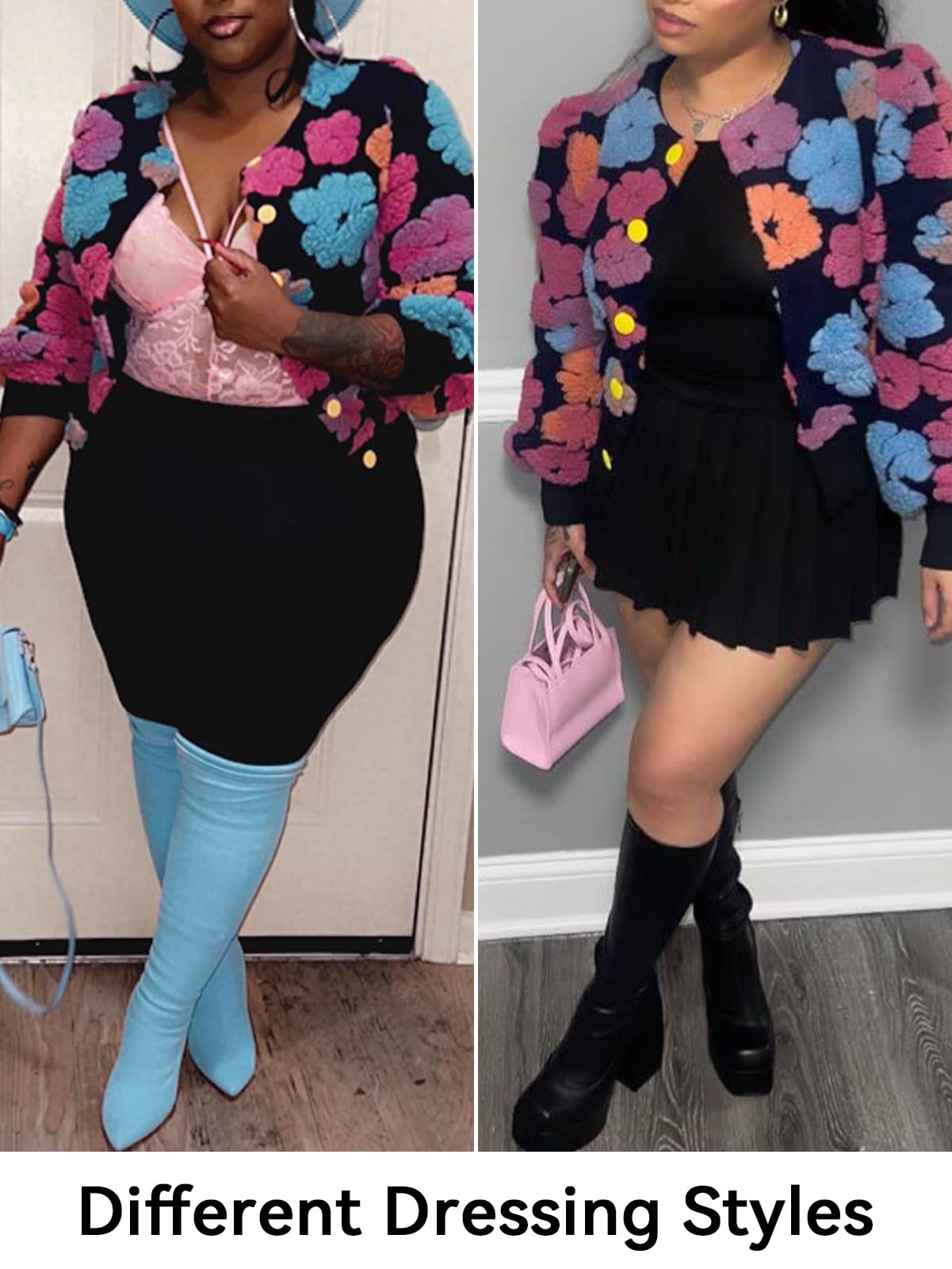 HOULENGS Women's Cropped Floral Print Fleece Bomber Jacket Casual Puff Sleeve Button Down Coats Winter Warm Outerwears