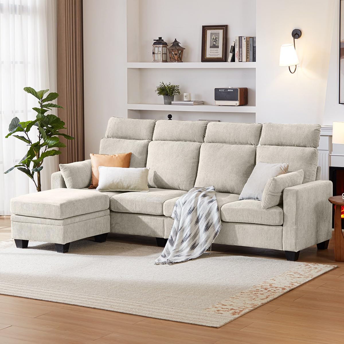 CHIC HOUSE Corduroy Modular Sectional Couch with Ottoman Chaise, L Shaped 4-seat Sofa for Living Room, Apartment, Lounge, Modern Armrest Neck Support Furniture