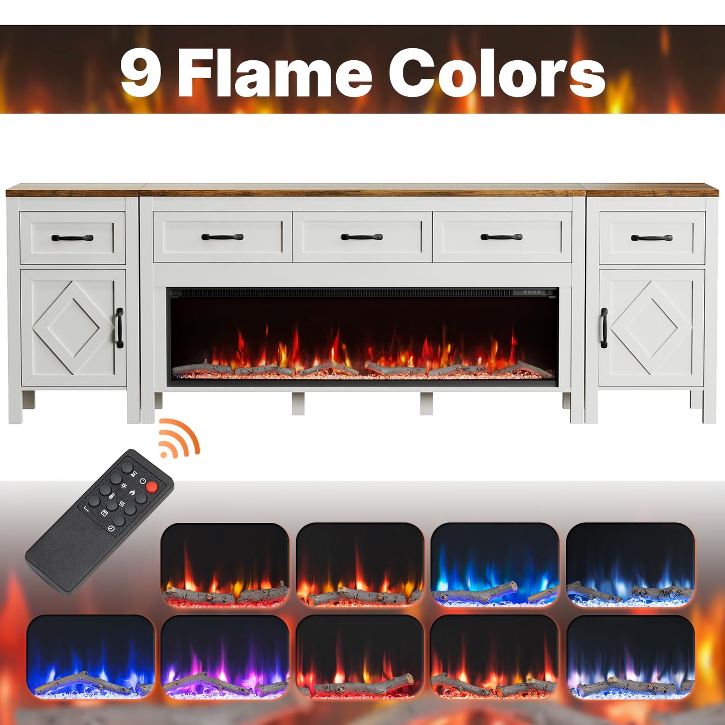 Farmhouse TV Stand with Fireplace for TVs Up to 95 Inch,Entertainment Center with 50" Electric Fireplace,88" TV Console with Storage Cabinet Drawers for Living Room(Off White)