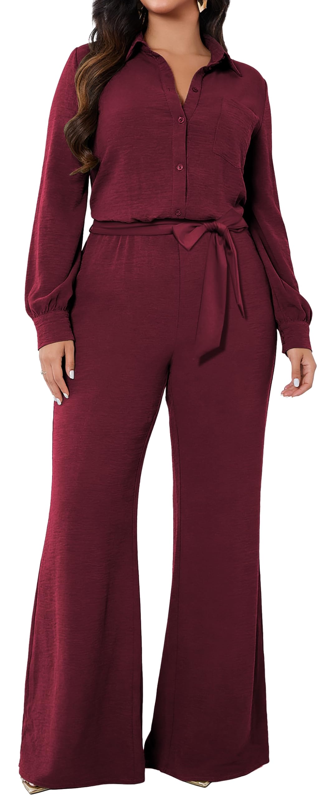 Women Jumpsuits For Elegant Sexy V Neck Long Sleeve Casual for Work Wide Leg Pants with Pockets Belt