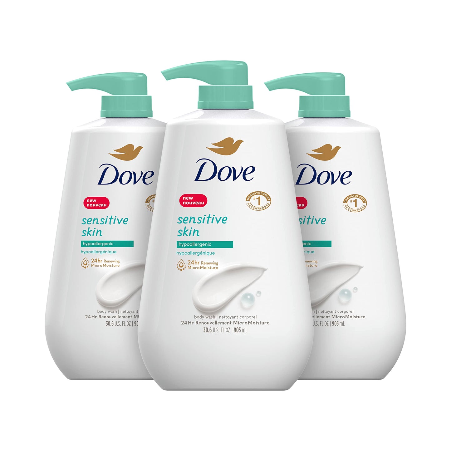 Dove Body Wash with Pump Sensitive Skin For 24hr Lotion-Soft Skin Moisturizing Skin Cleanser Gentle Hypoallergenic Formula with No Sulfates No Parabens 30.6 oz