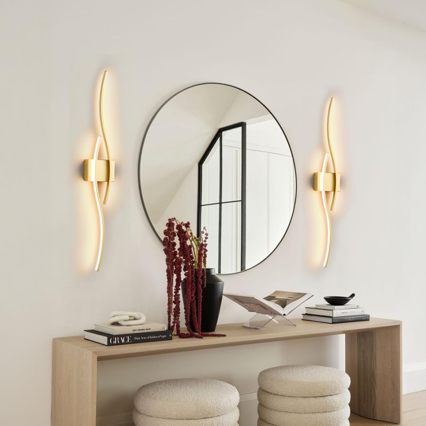 Battery Operated Wall Sconces Set of Two with Remote Control, Dimmable/3 Color/Night-Light/Timer/Memory, Black Modern Wireless LED Sconce for Living Room, Hallway, Bedroom, 39.3 Inch (2 Pack)