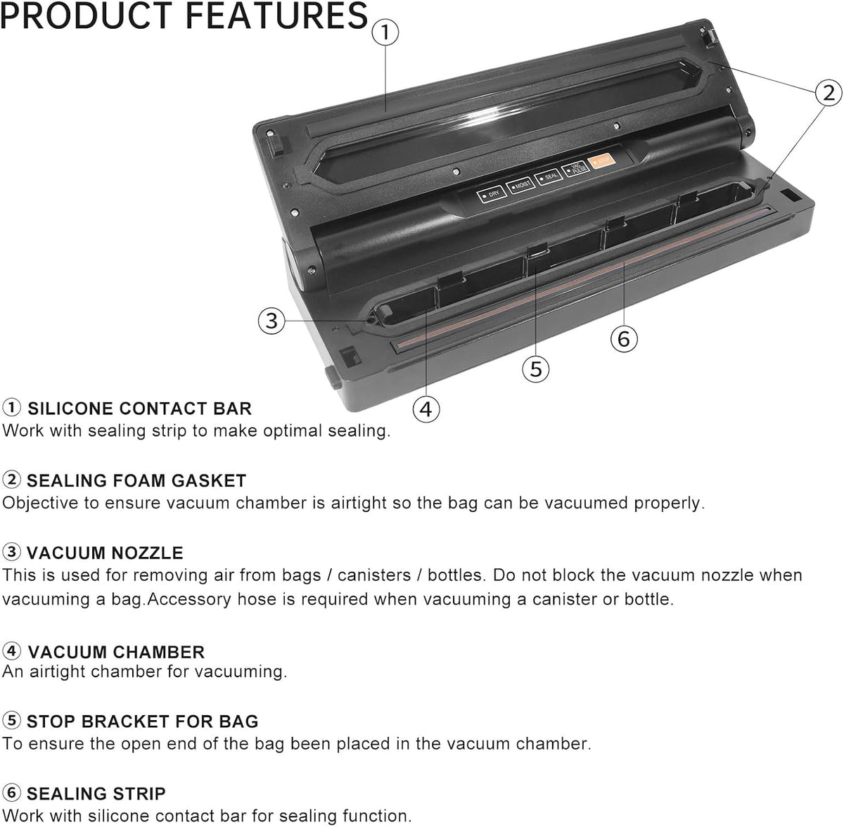 Black Vacuum Sealer Machine, VS6615H 60KPa 4-in-1 Compact Food Sealer with Double Heat Seal for Dry Moist Food, Built-in Cutter, Bag Storage + Bags, for Home Cooks & Meal Preppers