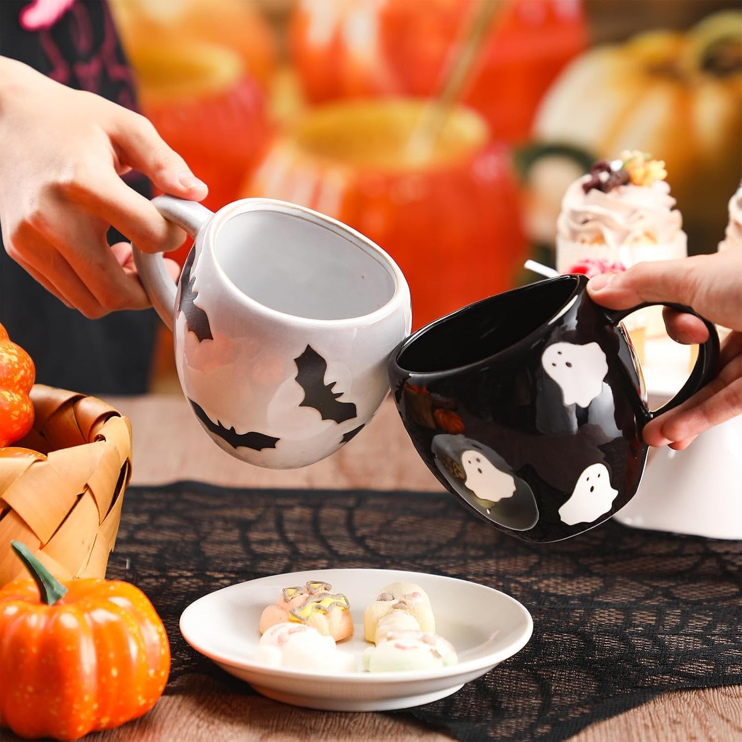 2 Pack Halloween Coffee Mug 14 oz Ceramic Ghost Bat Mug Black White Ghost Bat Drinking Cups Cute Holiday Cup Sets for Halloween Party Table Centerpieces Housewarming Gift