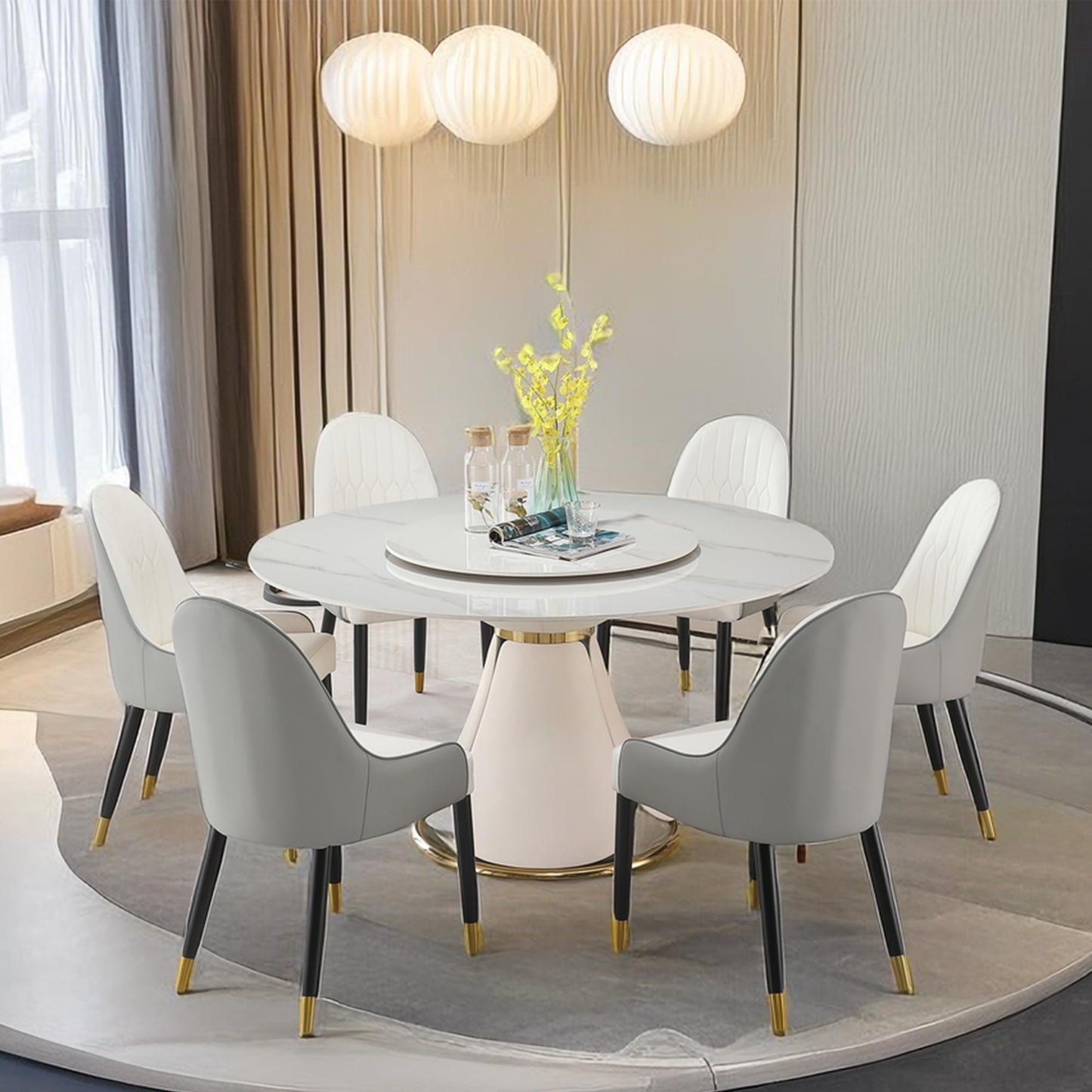 59" Round Dining Table Set for 8 with Lazy Susan Modern Sintered Stone 9 Pieces Dining Room Table Set with 8 Chairs and 31.5" Round Turntable