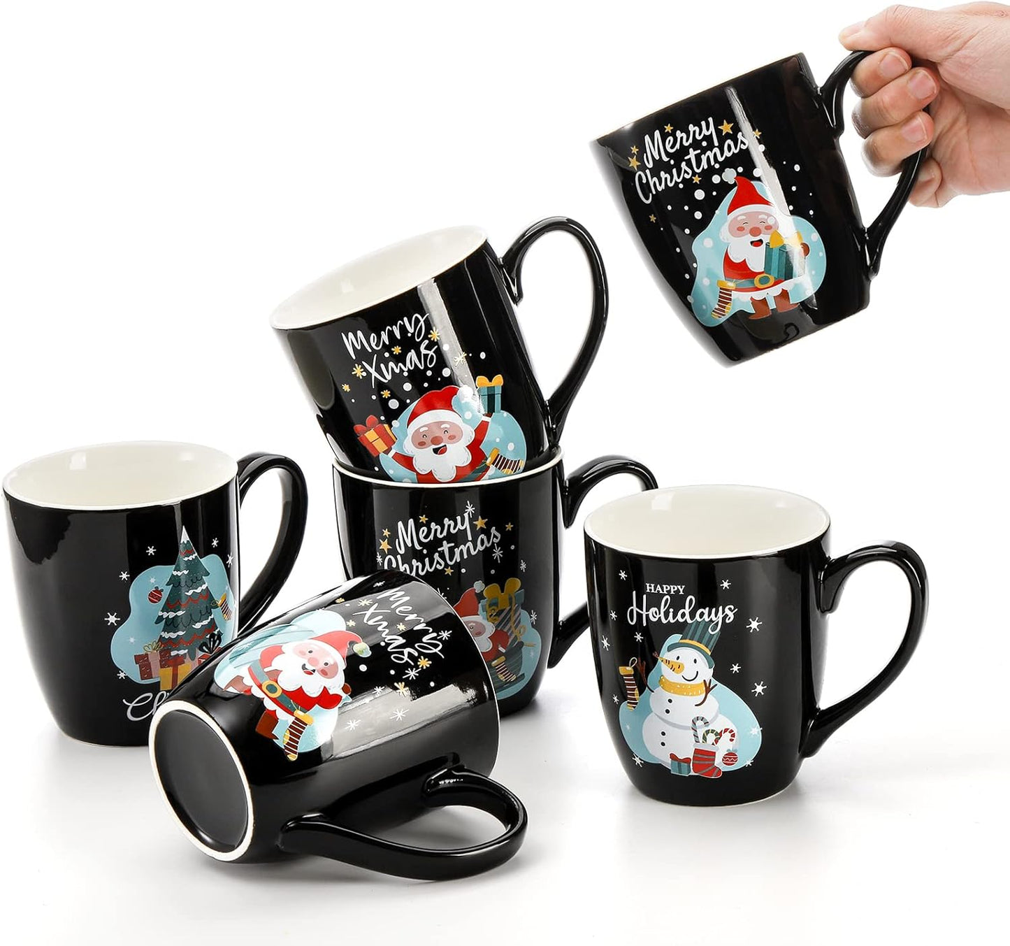 Hiceeden Set of 6 Large Christmas Coffee Mugs, 17 Oz Ceramic Santa Mugs Holiday Funny Novelty Mugs Snowman Christmas Tree for Aldult, Child, Gift, Beverage, Milk, Black