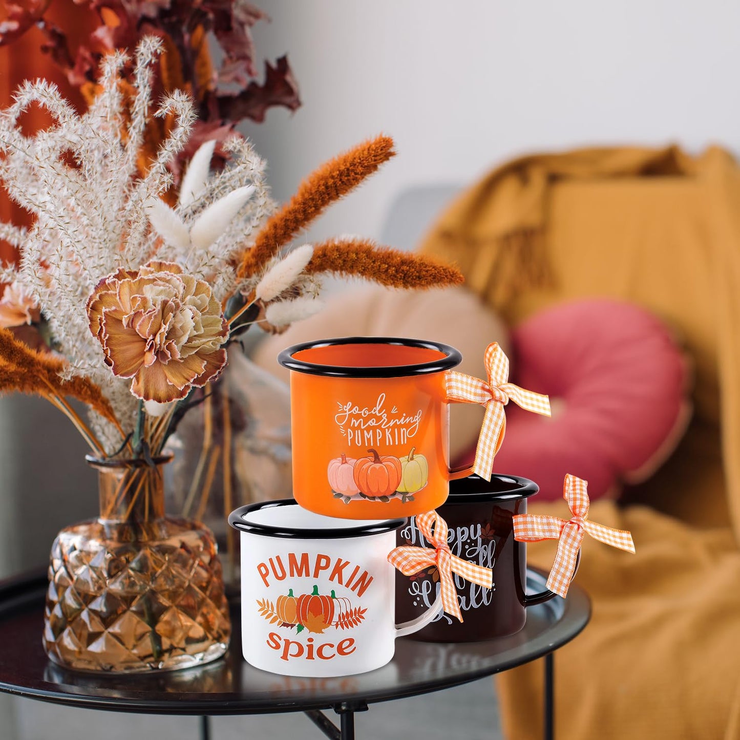 Quera 4 Pcs Fall Thanksgiving Mini Coffee Mug, Pumpkin Mini Coffee Cups for Tiered Tray Decor Autumn Centerpieces, Farmhouse Kitchen Coffee Bar PartyDecorations, Birthday Gift, 240ml