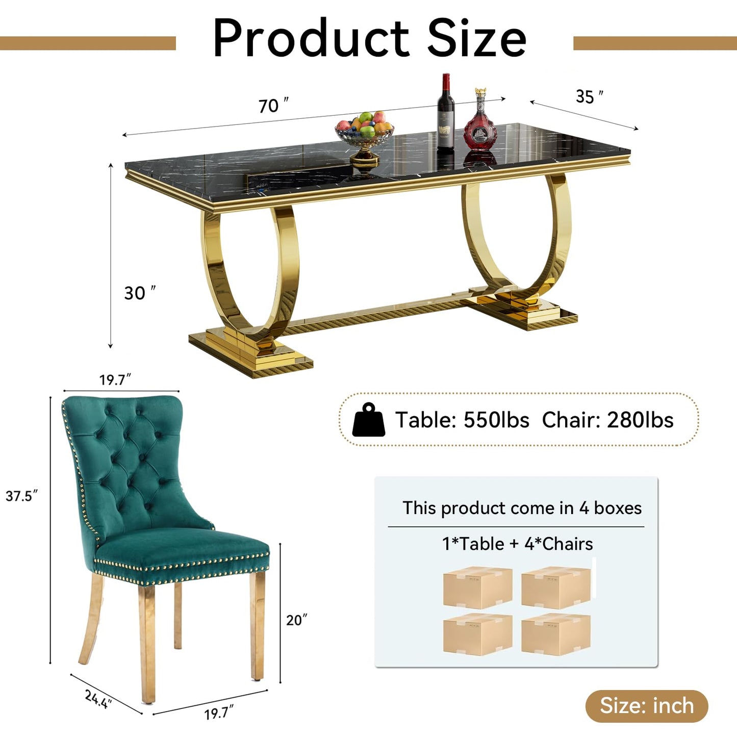 HomVent 70" Faux Marble Dining Table Set for 6, Rectangular Marble Top Kitchen Table Set, Kitchen & Dining Room Sets, Dining Table and Dining Chair