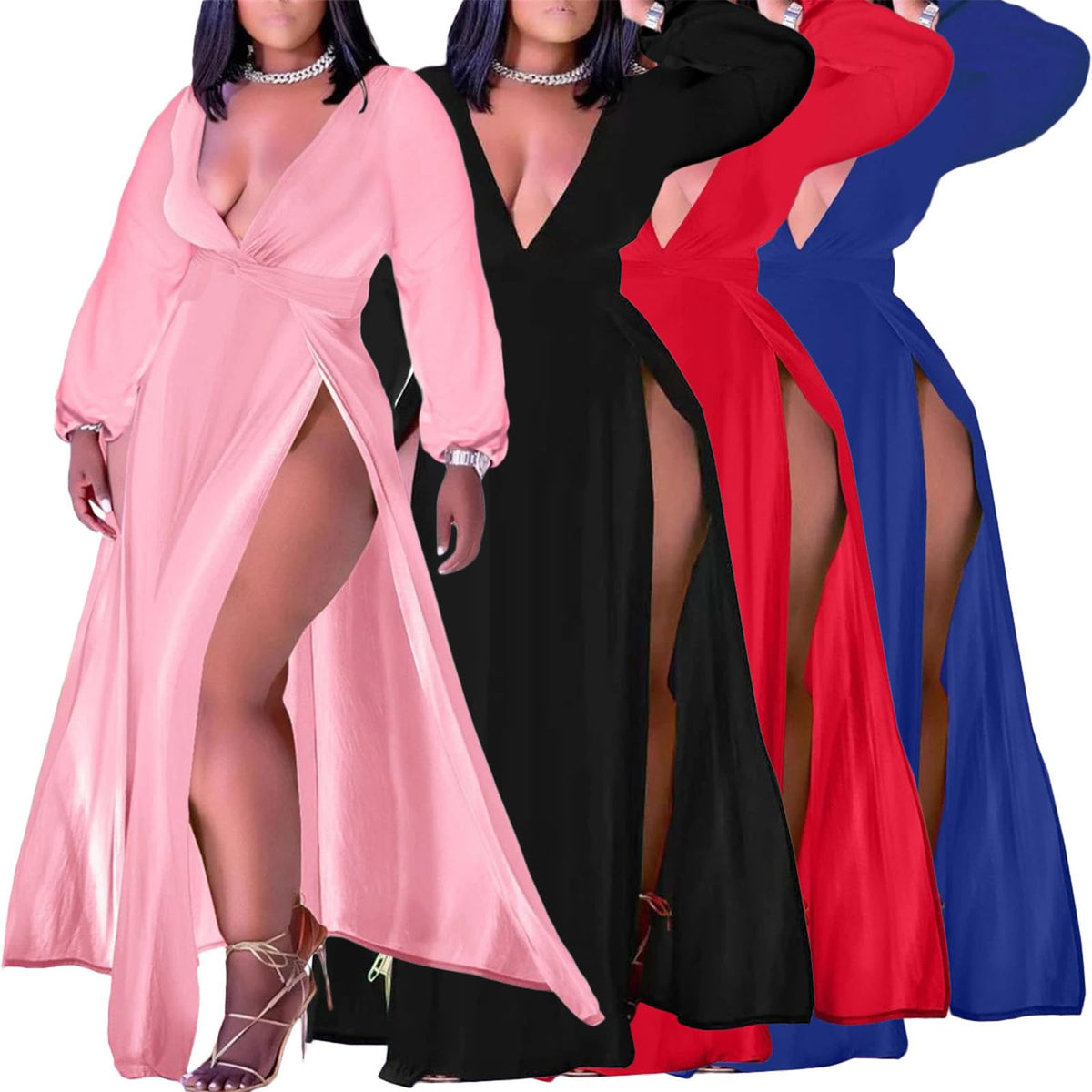 Women's Plus Size Maxi Wrap Dress Sleeveless Deep V Neck Split Dress
