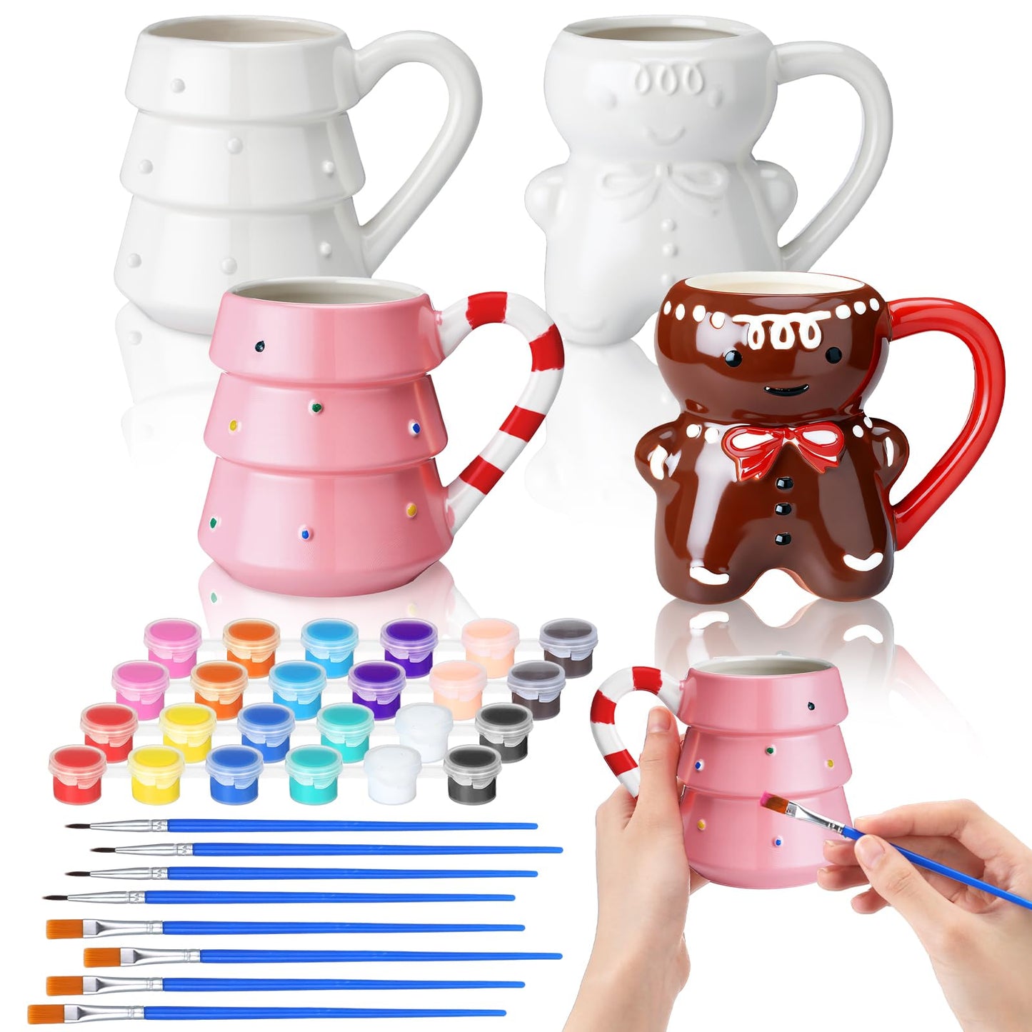 Vesici 4 Sets Paint Your Own Christmas Mugs Kits with 12 Color Paints Brush Instruction Manual Ceramic Gingerbread Man Christmas Tree Mugs Xmas DIY Painted Cup Winter Holiday Gift Art Favor