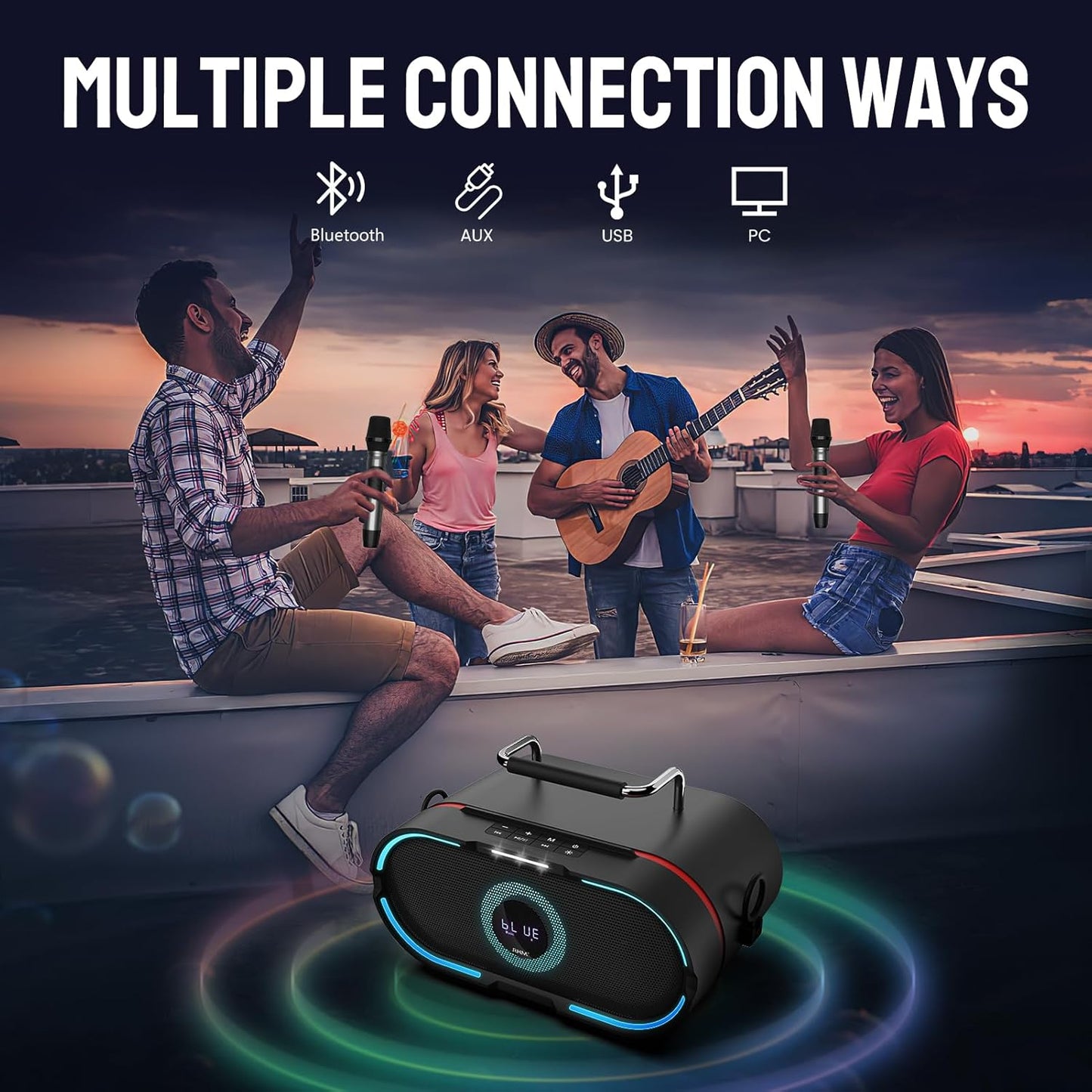 RHM K666PLUS Karaoke Machine with 2 Wireless Mics & LED Lights, Work with TV/Smartphone/Tablet via Bluetooth, 7 Hours Playtime, Support Bluetooth/AUX/USB/PC for Home Party Birthday Outdoor Camping