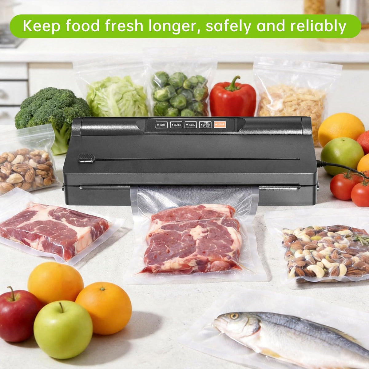 Black Vacuum Sealer Machine, VS6615H 60KPa 4-in-1 Compact Food Sealer with Double Heat Seal for Dry Moist Food, Built-in Cutter, Bag Storage + Bags, for Home Cooks & Meal Preppers