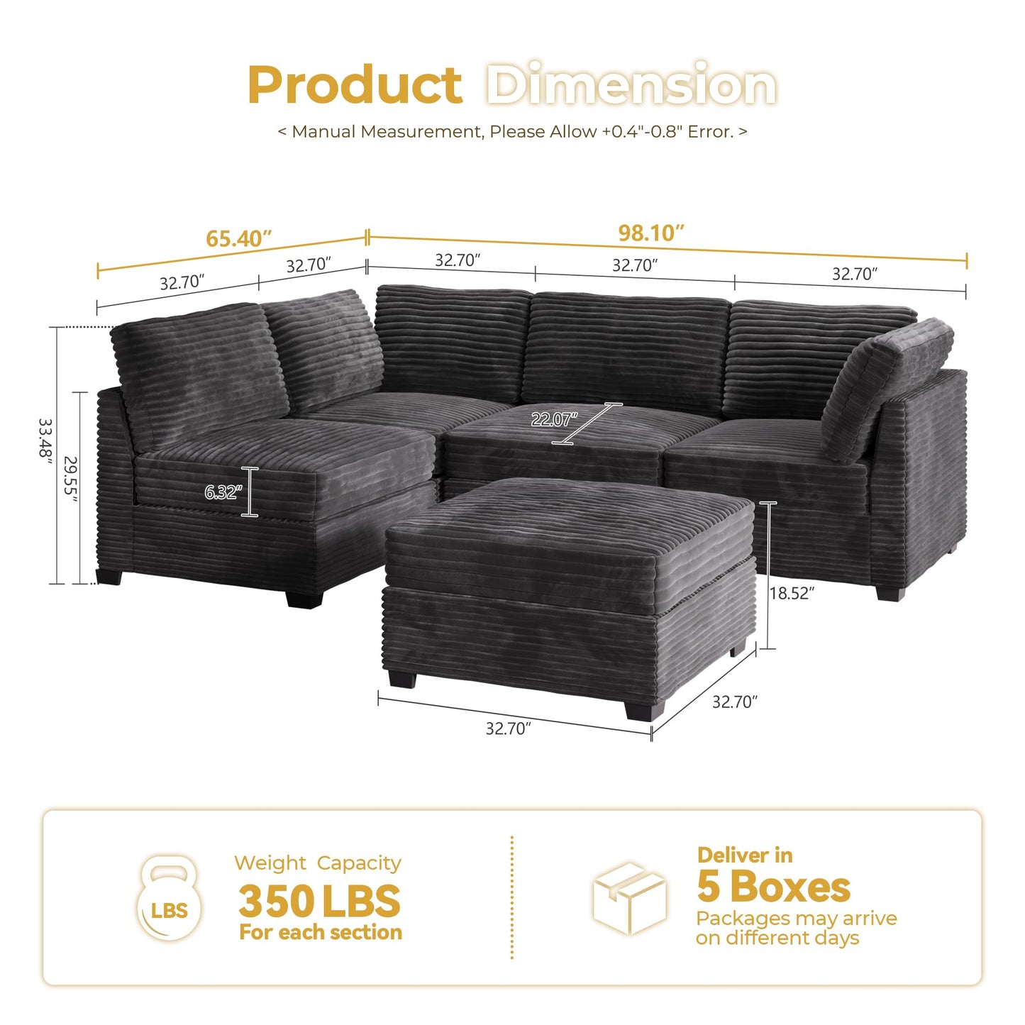 HOOOWOOO Modular Sectional Sofa,5 Pieces Sectional Couches for Living Room,98X98 L Shaped Cloud Couch Set(Grey Velvet Corduroy)