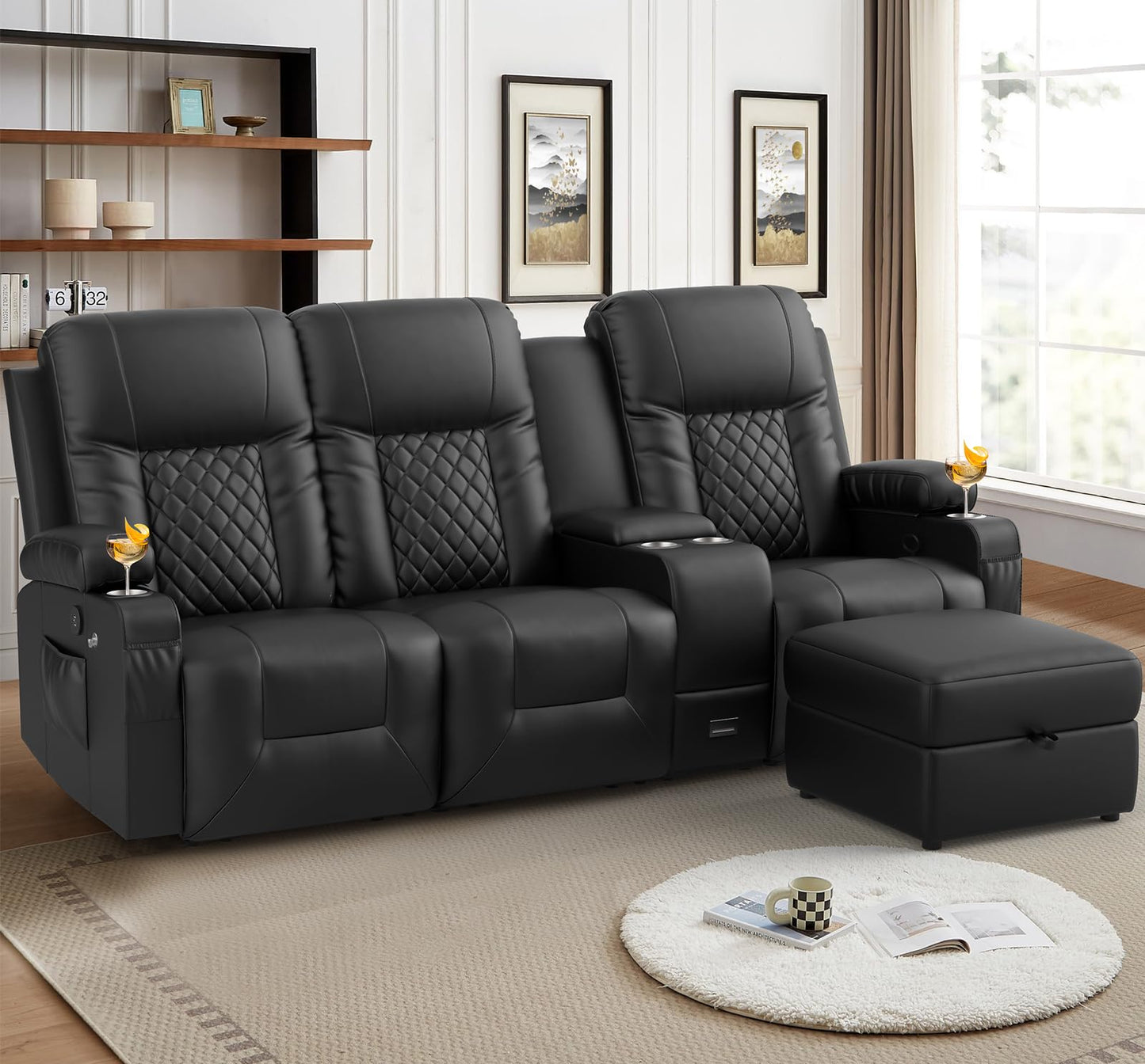 YONISEE 3 Seat Recliner Sofa, Large Reclining Sofa with Storage Console, Manual Reclining Chair with USB Ports, 2 Cell Phone Holder, 3 Seater Loveseat Recliner Couch for Living Room