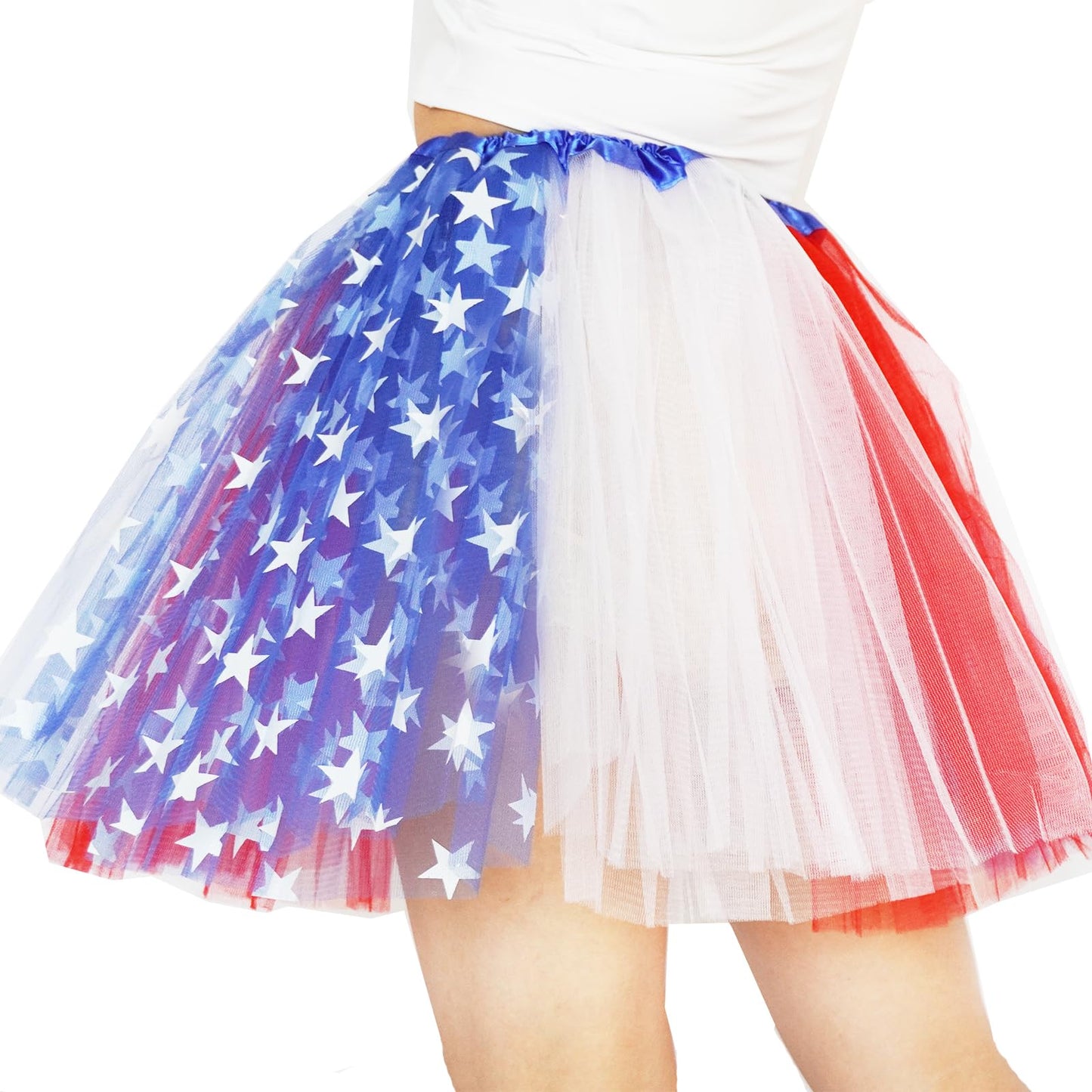Plus Size Women Adult Red White Blue Running Tutu Skirt,Teens 4th of July Tutu L/3XL USA Star Tulle Skirt Patriotic Costume