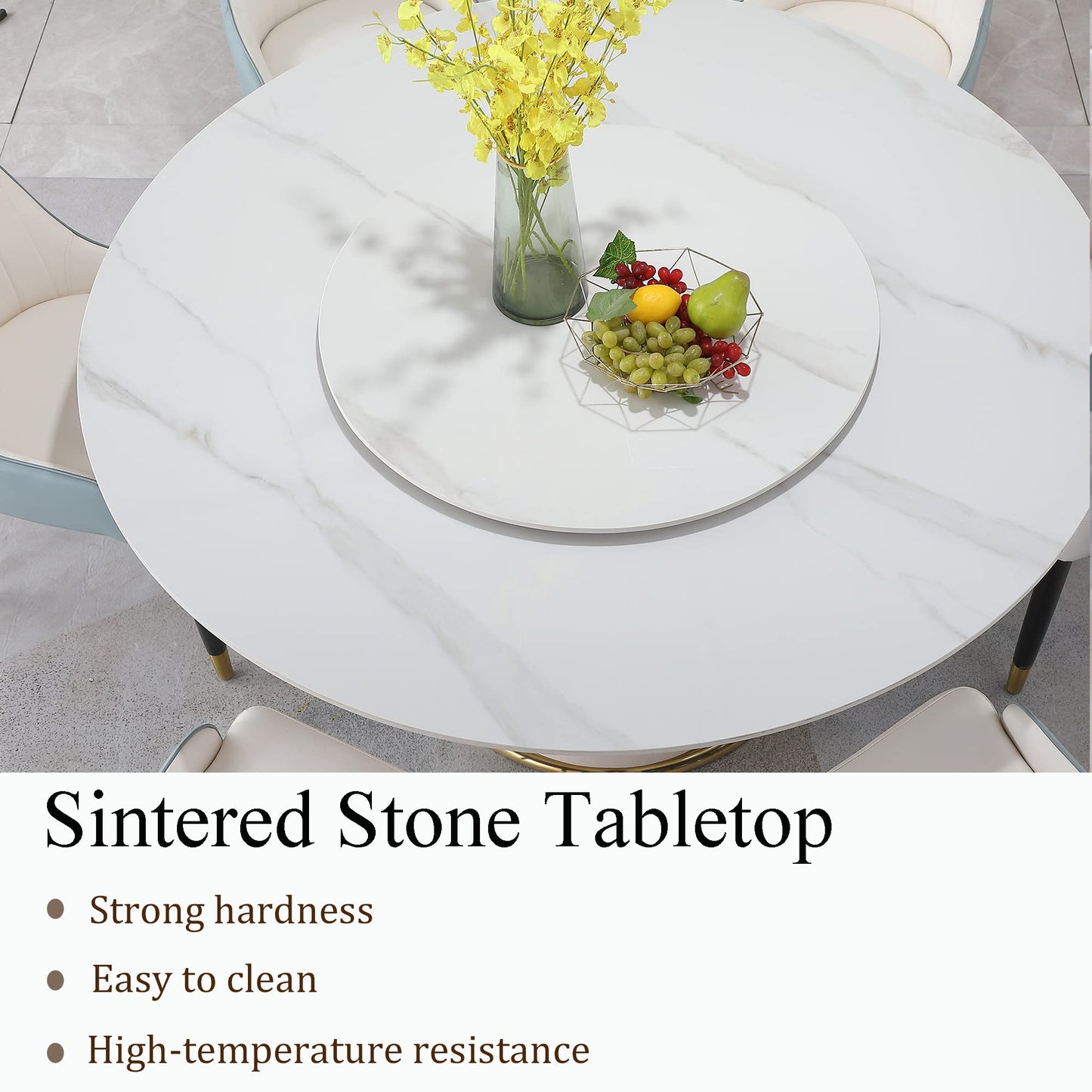 59" Round Dining Table Set for 8 with Lazy Susan Modern Sintered Stone 9 Pieces Dining Room Table Set with 8 Chairs and 31.5" Round Turntable