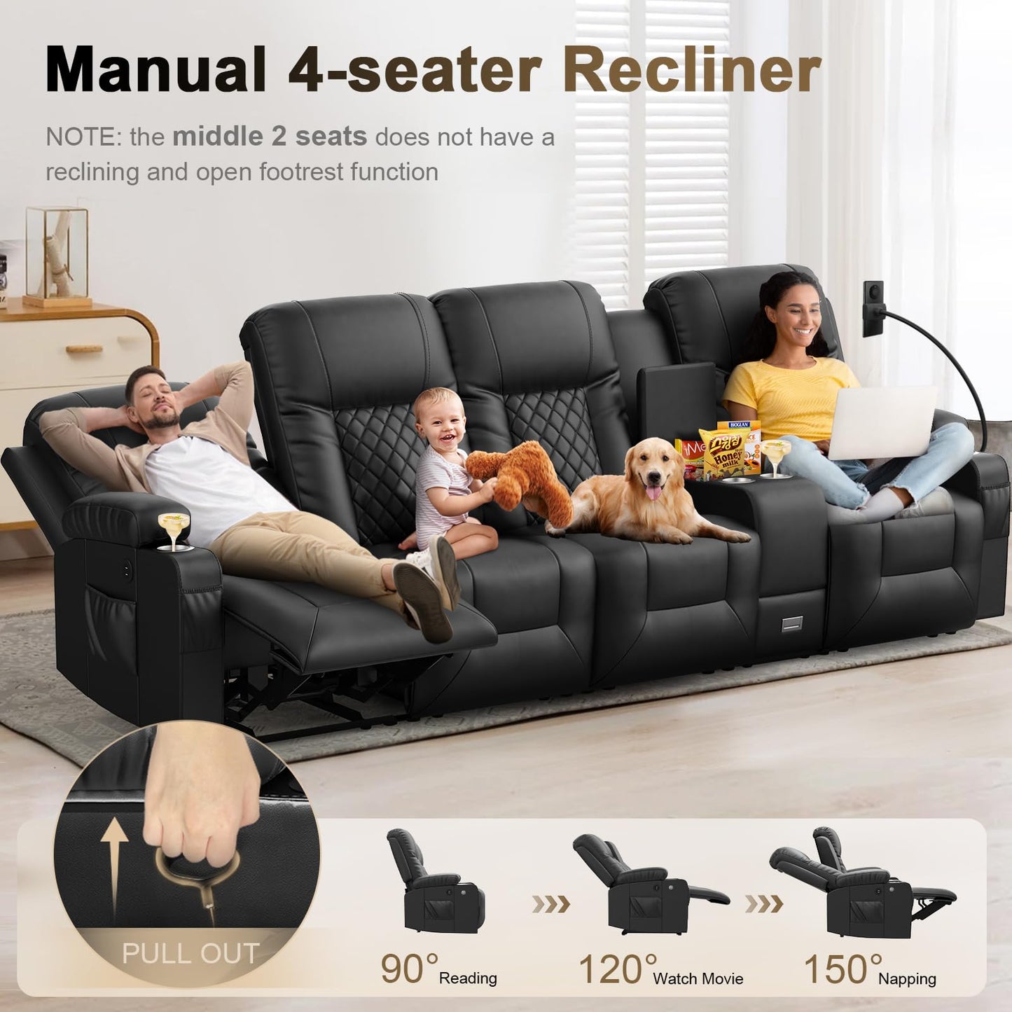 YONISEE 3 Seat Recliner Sofa, Large Reclining Sofa with Storage Console, Manual Reclining Chair with USB Ports, 2 Cell Phone Holder, 3 Seater Loveseat Recliner Couch for Living Room