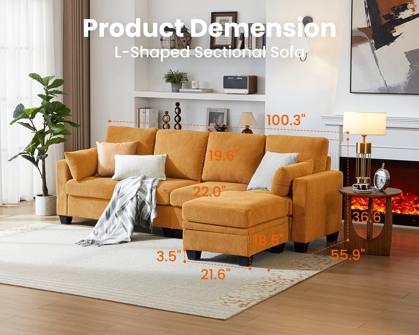 CHIC HOUSE Corduroy Modular Sectional Couch with Ottoman Chaise, L Shaped 4-seat Sofa for Living Room, Apartment, Lounge, Modern Armrest Neck Support Furniture