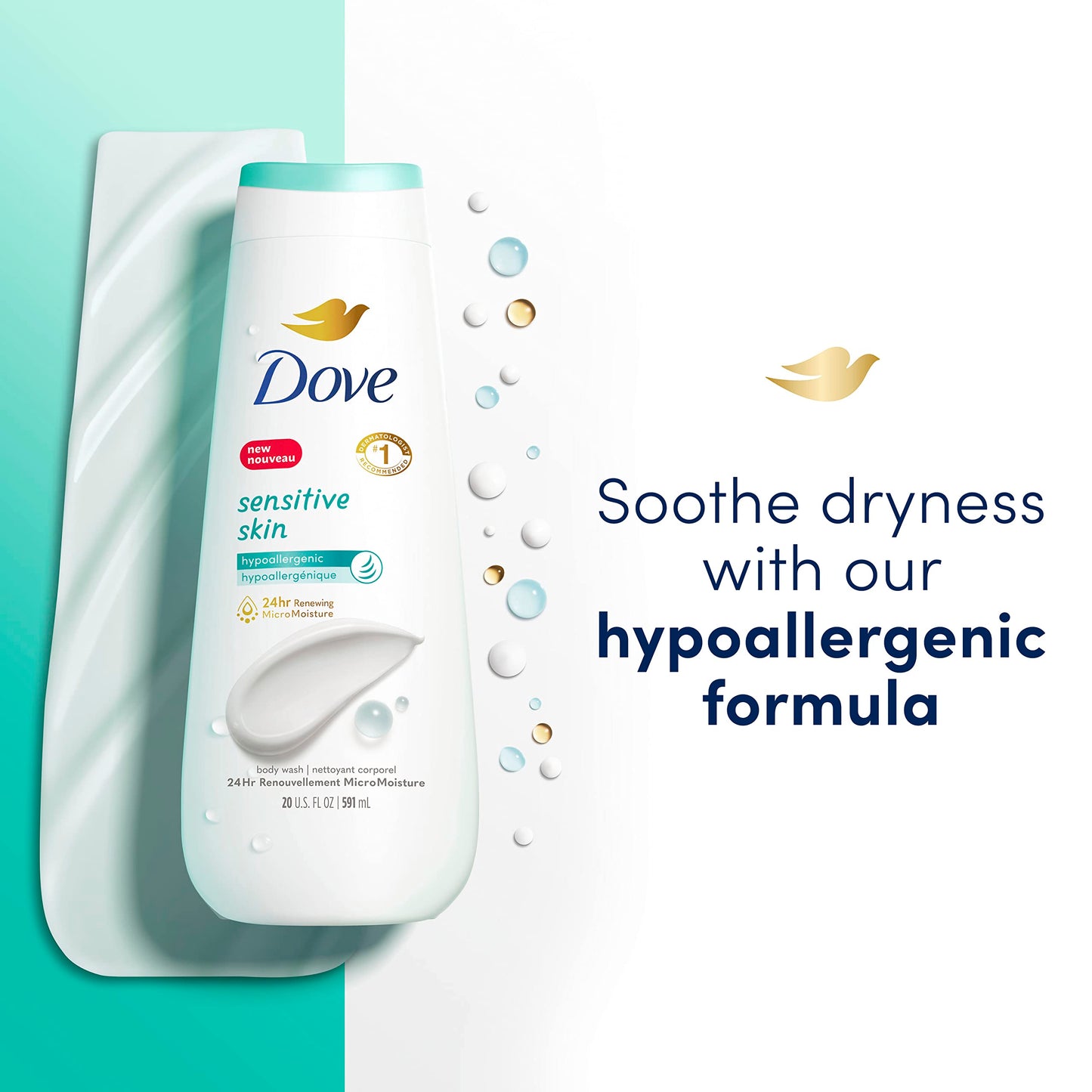 Dove Body Wash with Pump Sensitive Skin For 24hr Lotion-Soft Skin Moisturizing Skin Cleanser Gentle Hypoallergenic Formula with No Sulfates No Parabens 30.6 oz