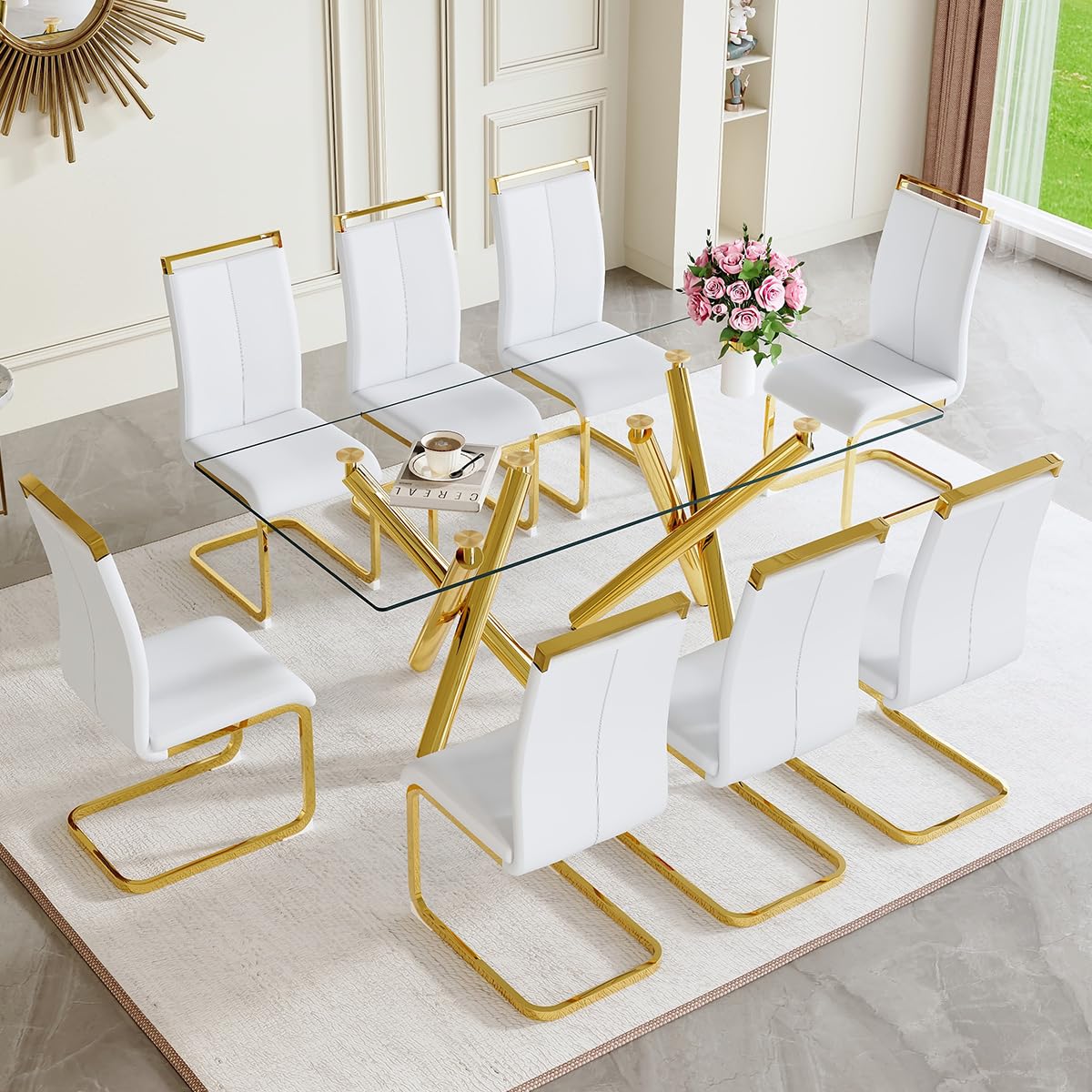 AZmac Modern Dining Table Set for 8 with Gold Metal Frame, 9-Piece Glass Dining Table with PU High Back Chairs for Kitchen Dining Room, Glass Table and 8 White Chairs