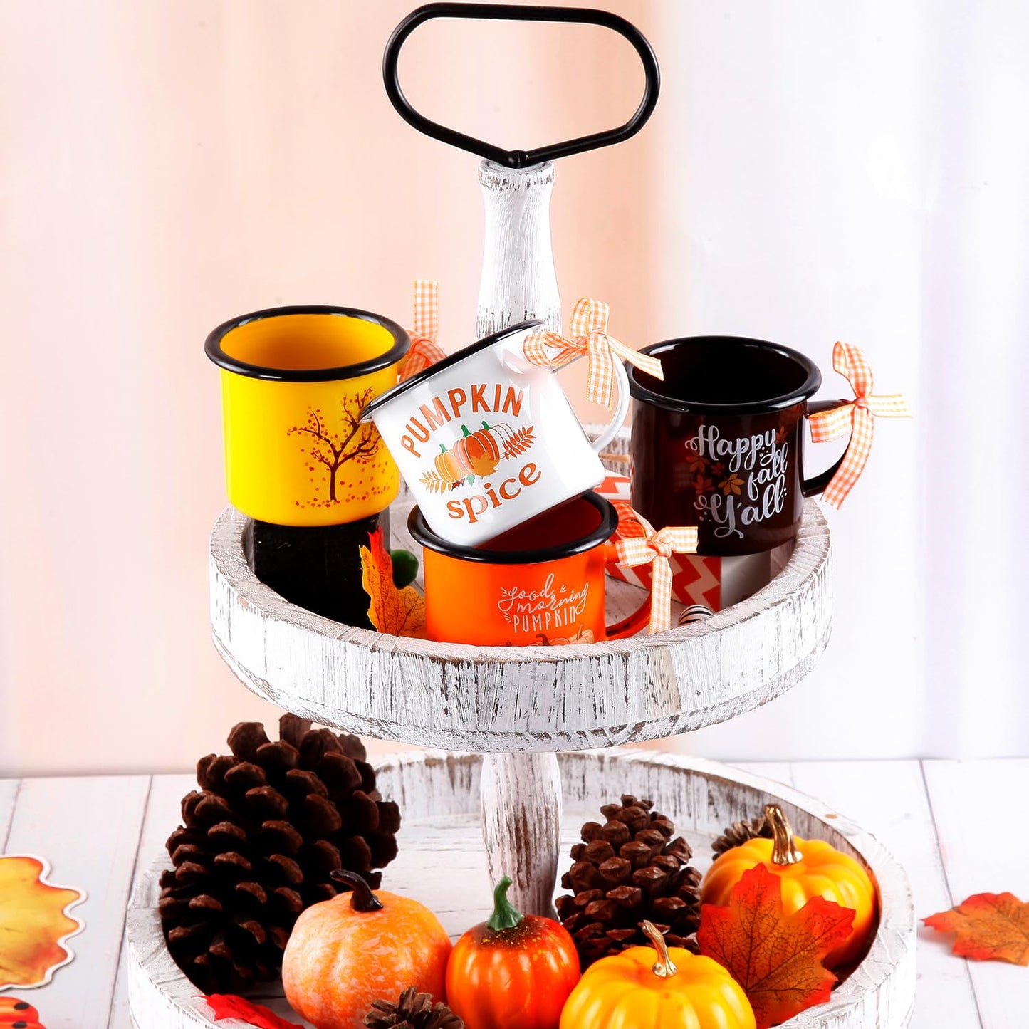 Quera 4 Pcs Fall Thanksgiving Mini Coffee Mug, Pumpkin Mini Coffee Cups for Tiered Tray Decor Autumn Centerpieces, Farmhouse Kitchen Coffee Bar PartyDecorations, Birthday Gift, 240ml