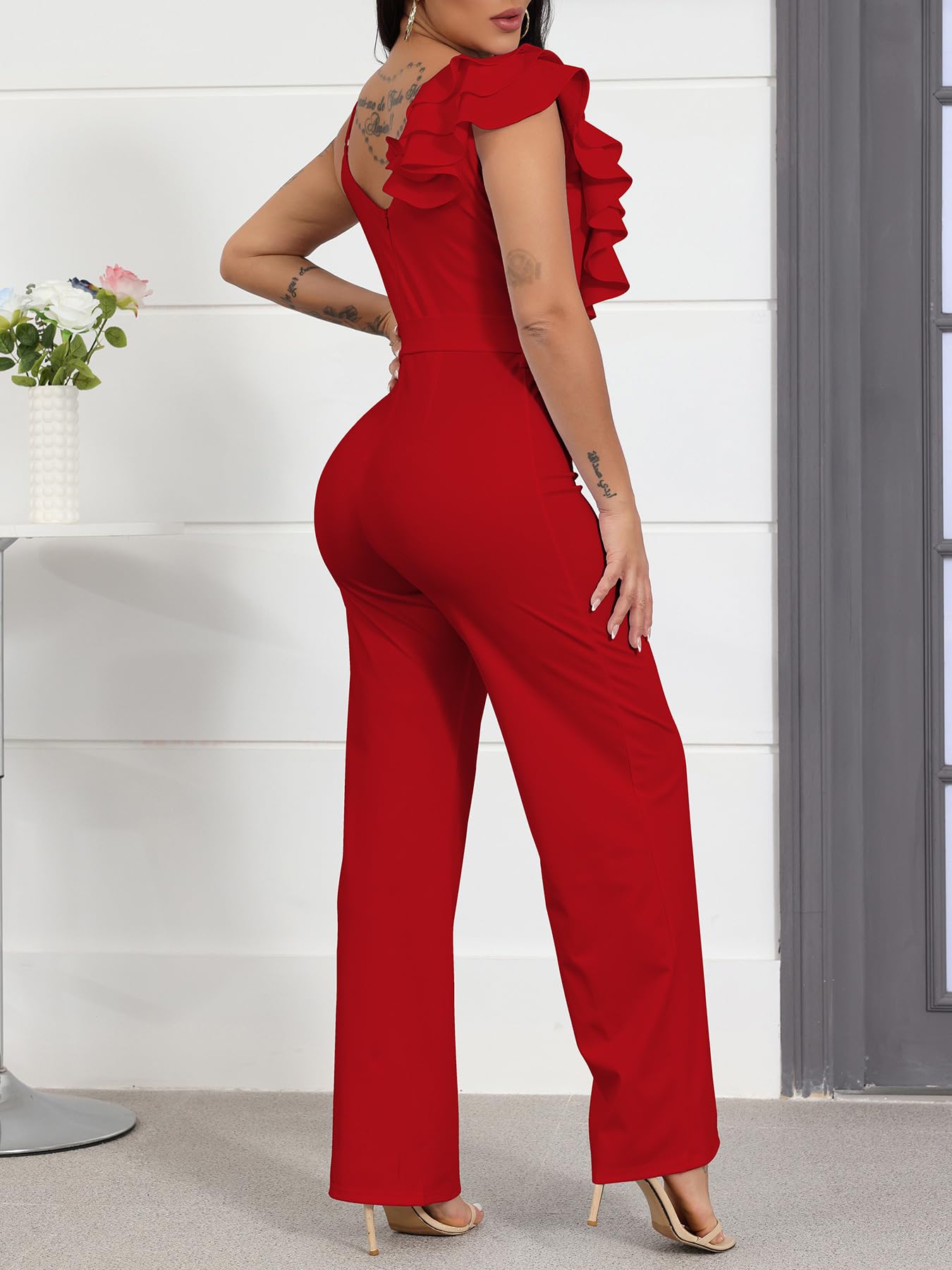 HBQ Womens Casual One Piece Jumpsuits V-Neck Sleeveless Ruffle Elegant Romper Wide Leg Pant Sexy Party Clubwear Overalls