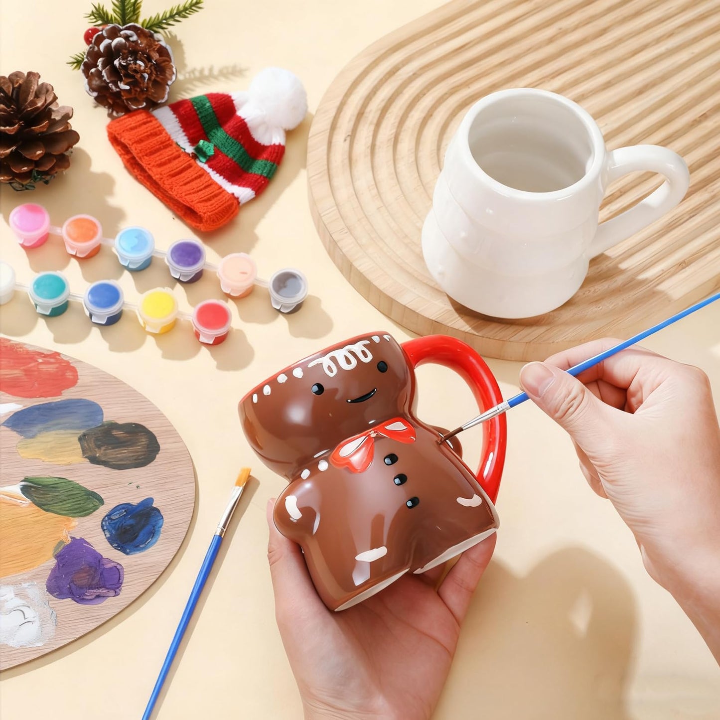 Vesici 4 Sets Paint Your Own Christmas Mugs Kits with 12 Color Paints Brush Instruction Manual Ceramic Gingerbread Man Christmas Tree Mugs Xmas DIY Painted Cup Winter Holiday Gift Art Favor