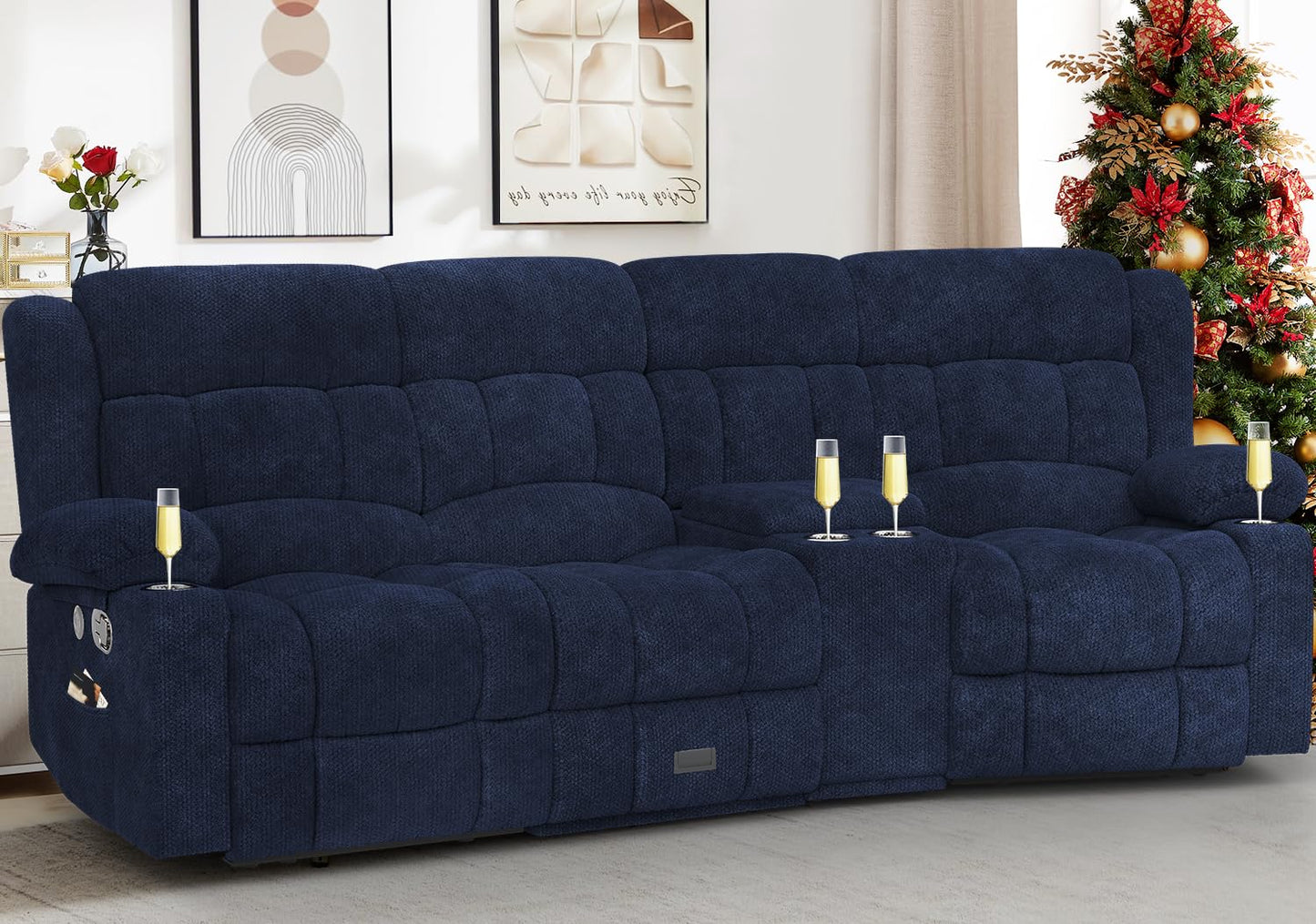 Loveseat Recliner Sofa, Flip Middle Backrest Design 3 Seat Reclining Sofa with Storage Drawer, USB Ports & Cup Holders, Manual Couch for Living Room/RV (Gray)