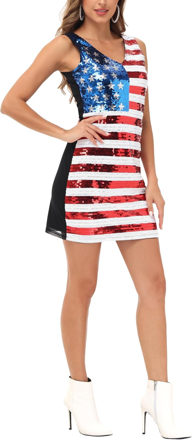 Anna-Kaci Women's American Flag Sequin Dress V-Neck Sleeveless USA Patriotic Striped Glitter Tank Mini Dress