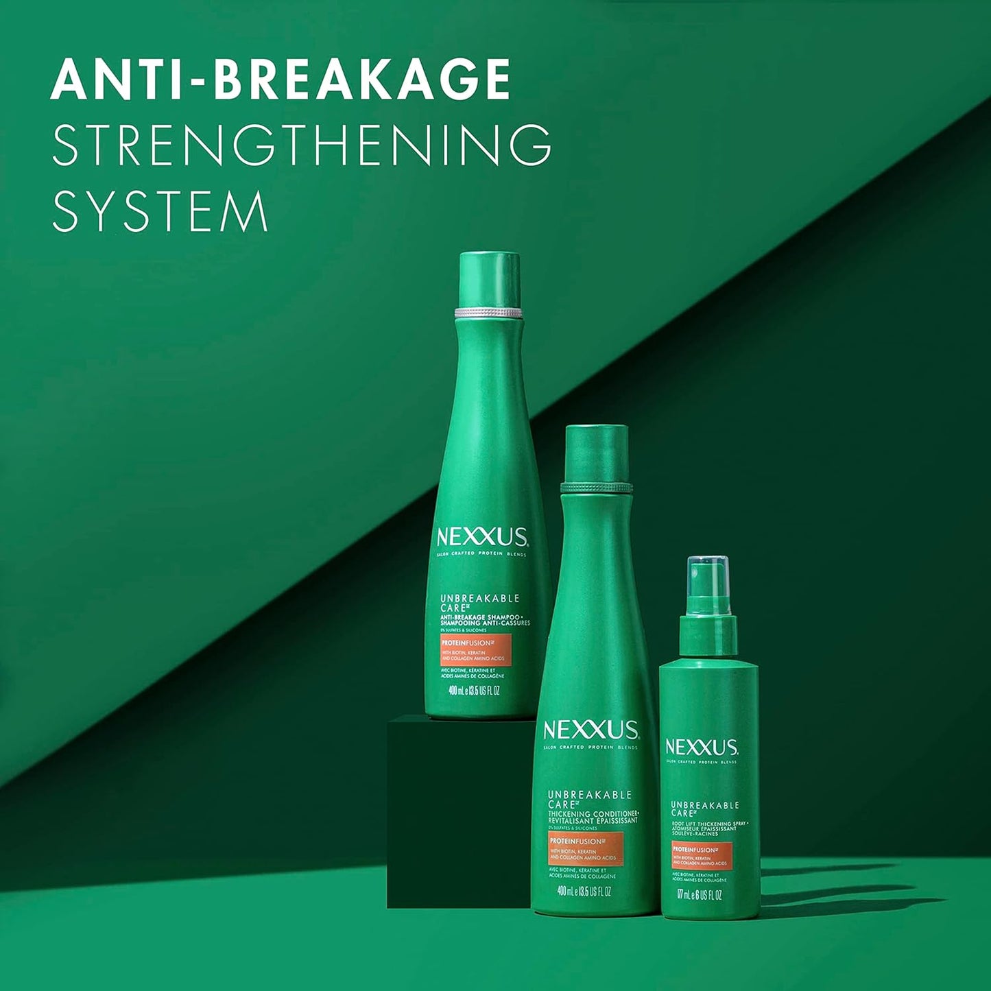 नेक्सस अनब्रेकेबल केयर शैम्पू कंडीशनर और लीव-इन स्प्रे 3 पैक पतले और महीन बालों के लिए केराटिन कोलेजन बायोटिन के साथ 13.5 औंस 6 औंस 