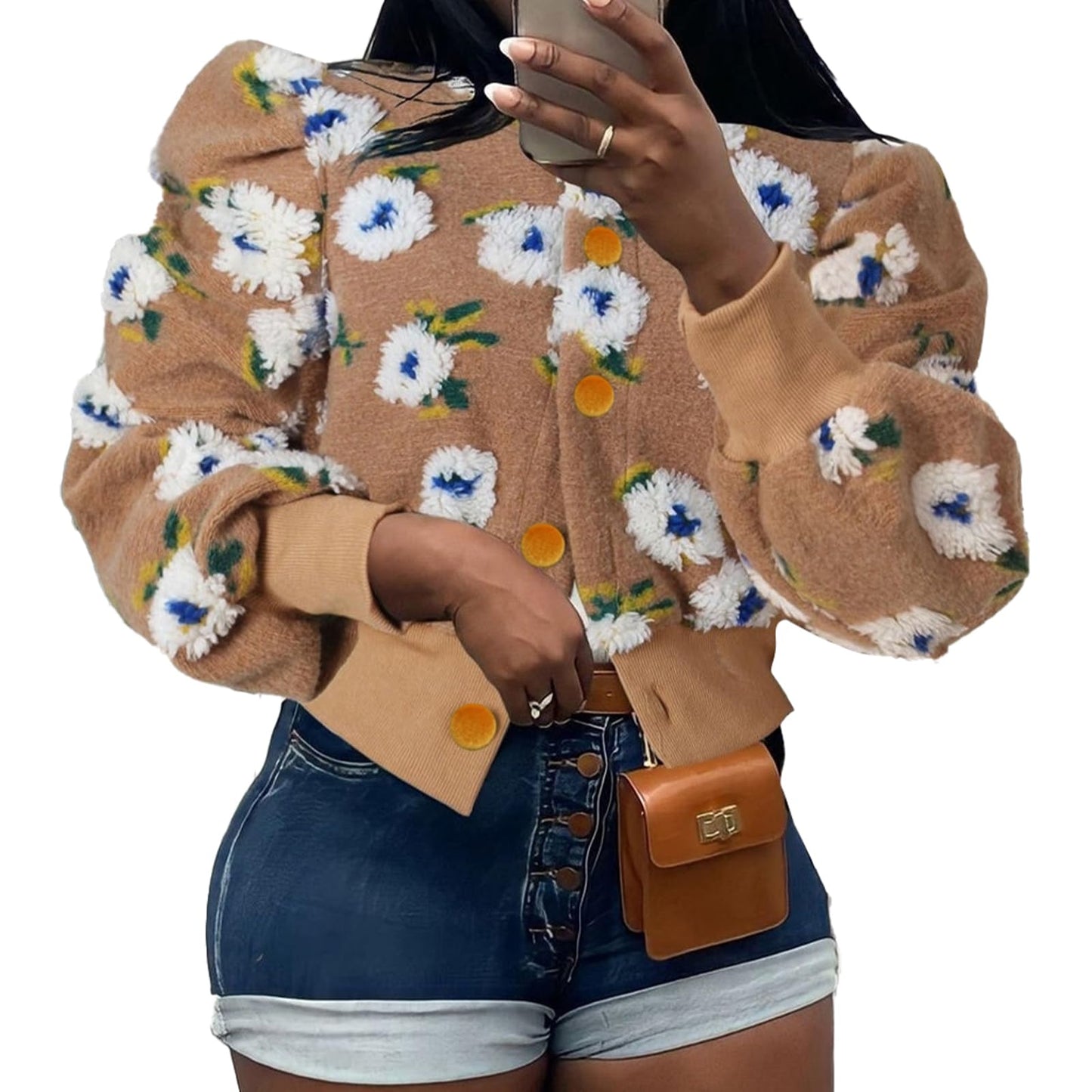 HOULENGS Women's Cropped Floral Print Fleece Bomber Jacket Casual Puff Sleeve Button Down Coats Winter Warm Outerwears