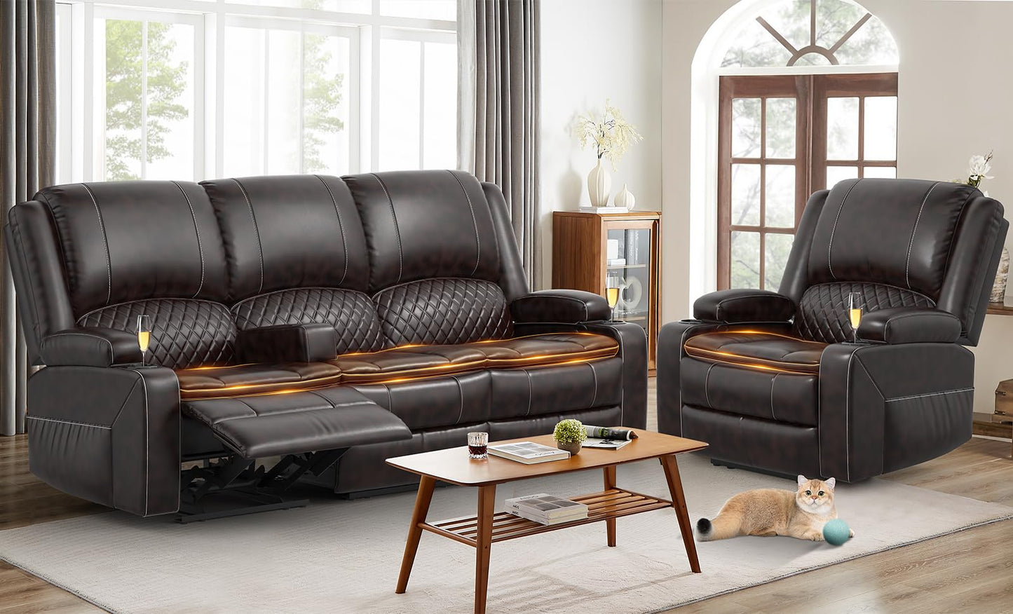 3 Seater Recliner Sofa Set with 2-Tier Cushion, 3+1+1 Pieces in Living Room, 3 Seater Reclining Couch Dutch Velvet with Removable Console, 2 Oversize Recliner Chair Sofa Seat - Grey