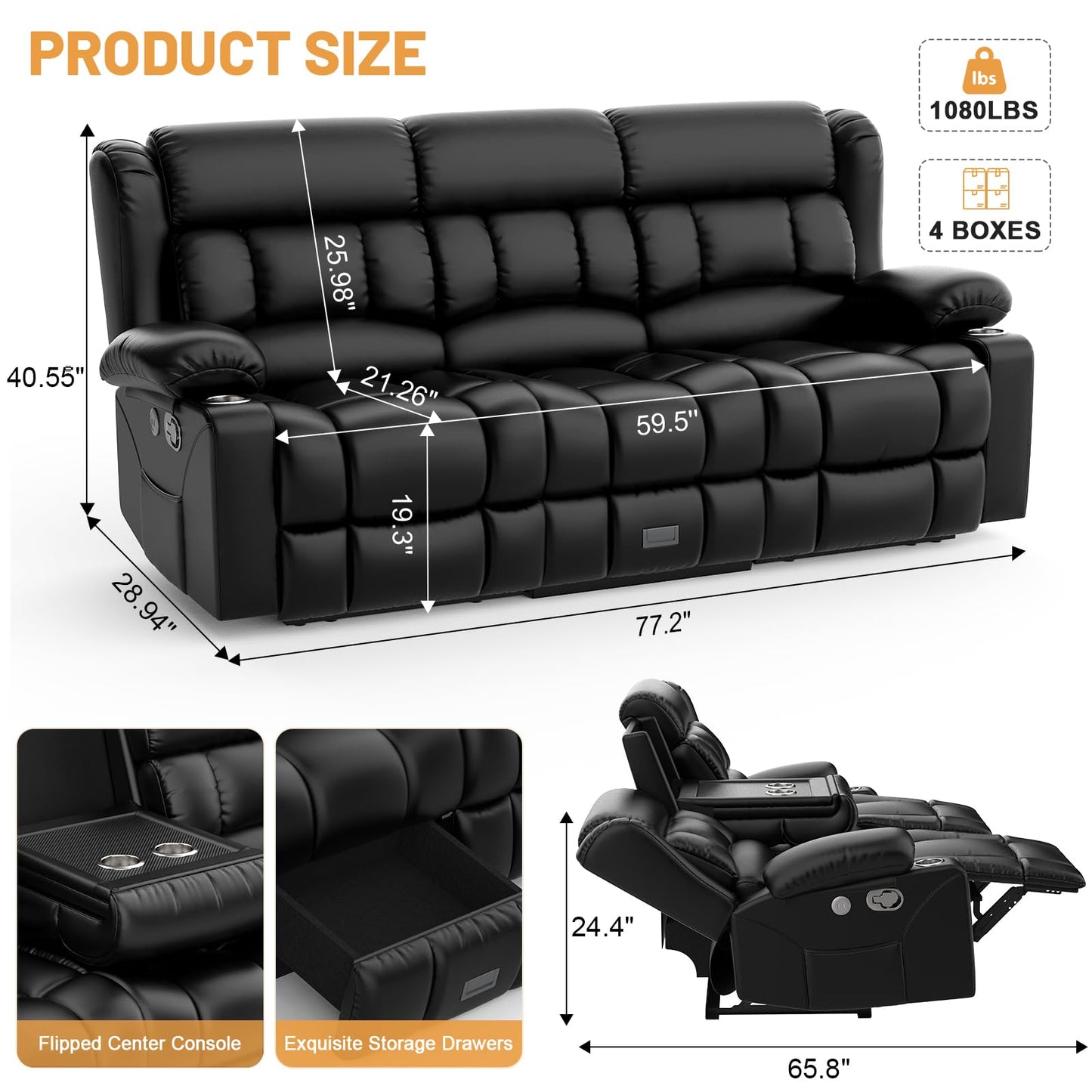 Loveseat Recliner Sofa, Flip Middle Backrest Design 3 Seat Reclining Sofa with Storage Drawer, USB Ports & Cup Holders, Manual Couch for Living Room/RV (Gray)