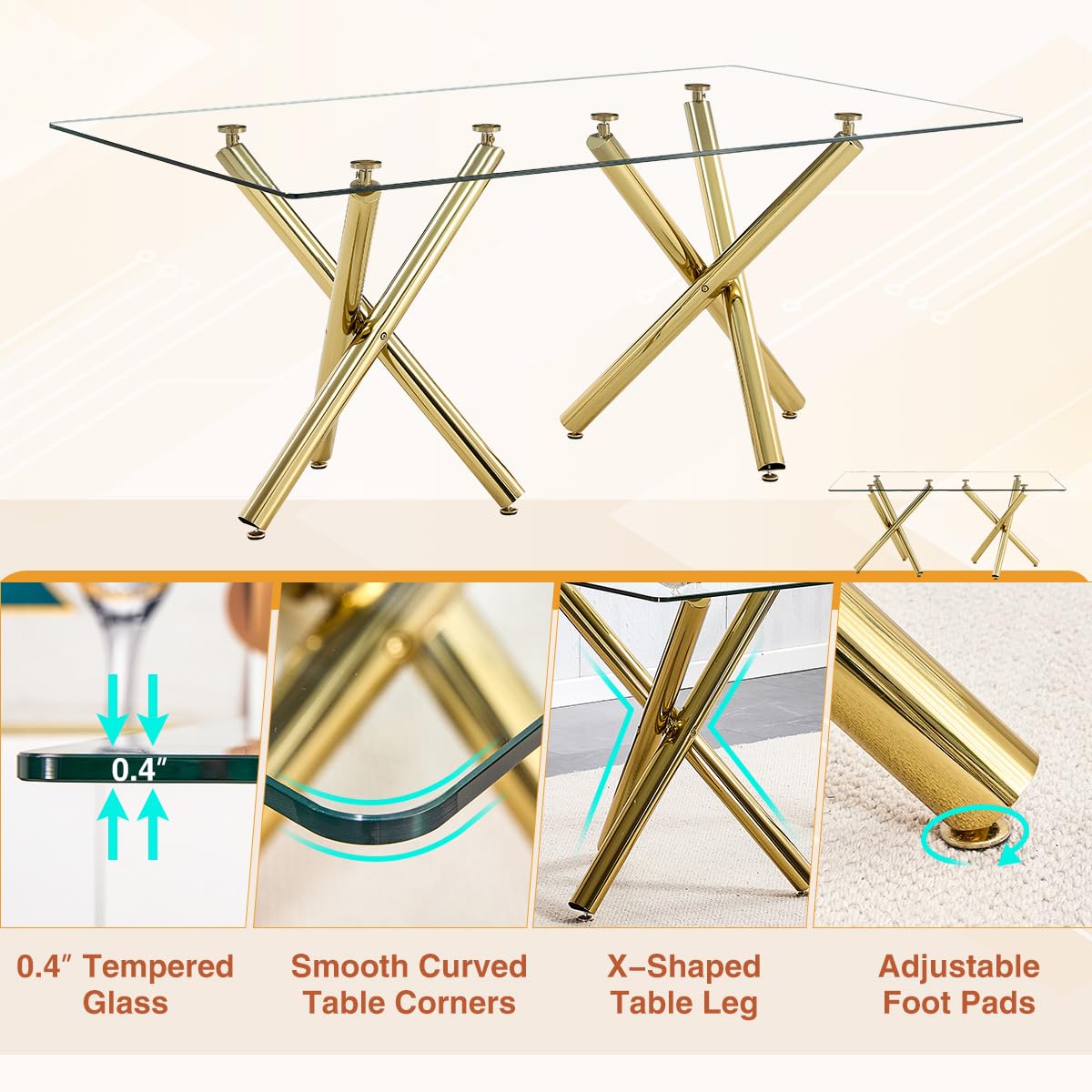 AZmac Modern Dining Table Set for 8 with Gold Metal Frame, 9-Piece Glass Dining Table with PU High Back Chairs for Kitchen Dining Room, Glass Table and 8 White Chairs