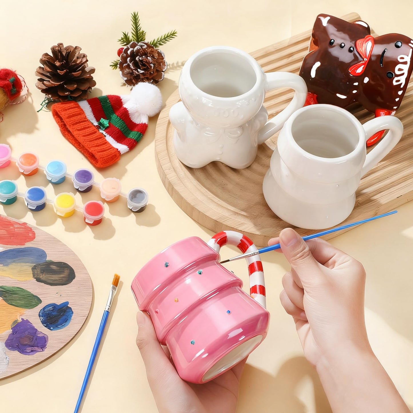 Vesici 4 Sets Paint Your Own Christmas Mugs Kits with 12 Color Paints Brush Instruction Manual Ceramic Gingerbread Man Christmas Tree Mugs Xmas DIY Painted Cup Winter Holiday Gift Art Favor
