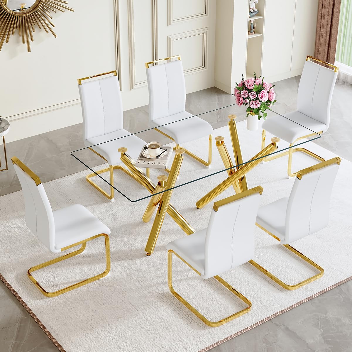 AZmac Modern Dining Table Set for 8 with Gold Metal Frame, 9-Piece Glass Dining Table with PU High Back Chairs for Kitchen Dining Room, Glass Table and 8 White Chairs