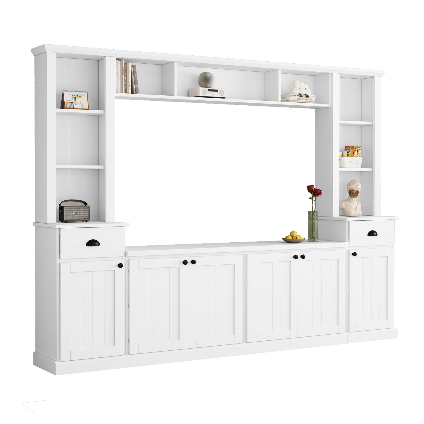 103" Minimalist Entertainment Center Wall Unit Set with Bridge for TVs Up to 75'',Ample Storage Space TV Stand W/Adjustable Shelves,Modernist Large Media Console for Living Room,White